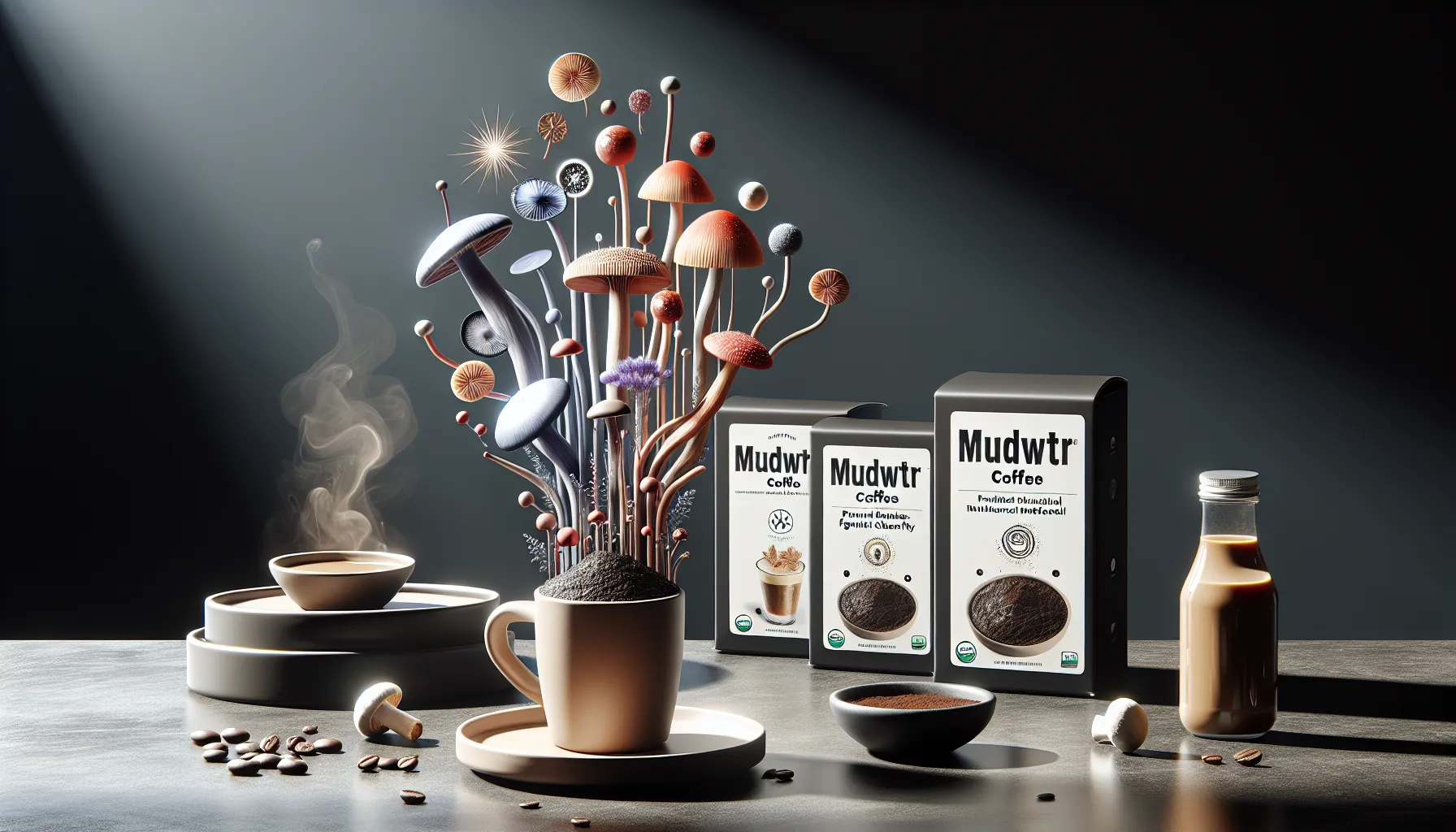 A creative display featuring a cup of coffee with steam rising, surrounded by a scattering of coffee beans and a small mushroom. In the background, colorful mushroom-like shapes rise from the cup, resembling a whimsical explosion. Two boxes of Mudwtr coffee and a bottle of cream are positioned nearby on a textured surface. The scene is illuminated by a dramatic beam of light from above, highlighting the vibrant colors and surreal elements.