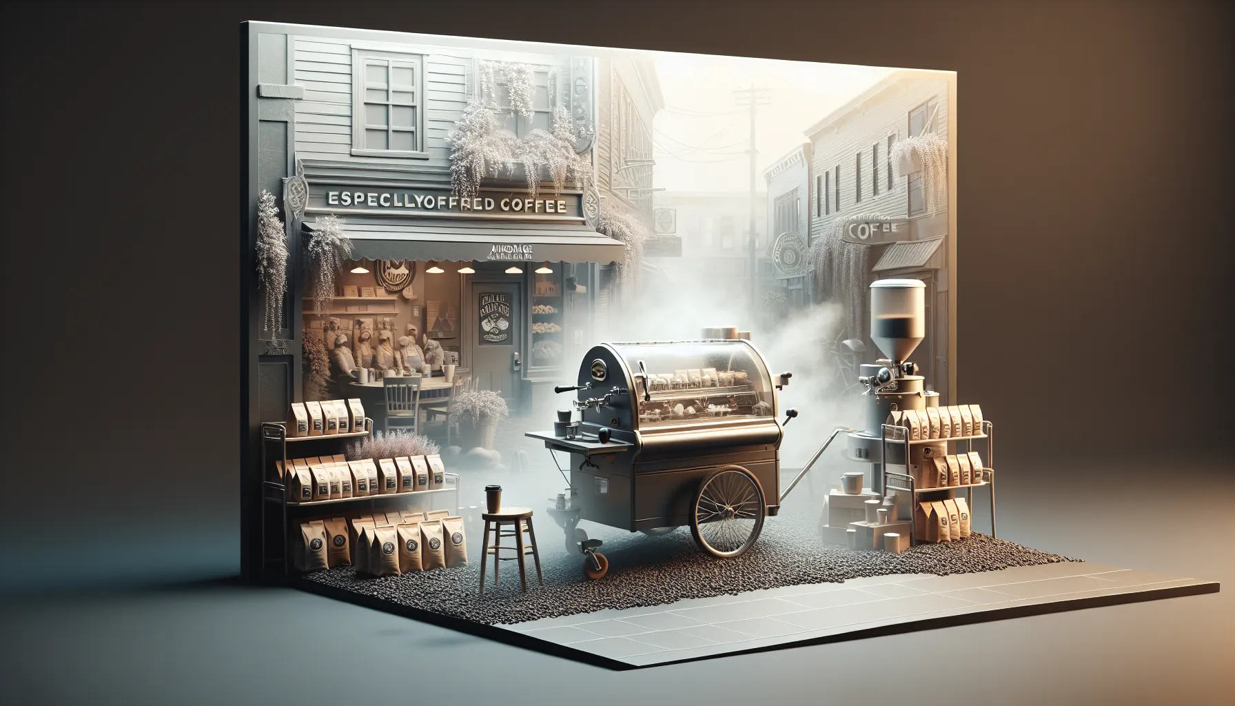 A stylized coffee shop scene featuring a coffee roasting cart with a glass top, surrounded by stacks of coffee bags and a small stool. The backdrop showcases a quaint street with whimsical, foggy aesthetics, portraying a cozy atmosphere with hanging plants and soft lighting.