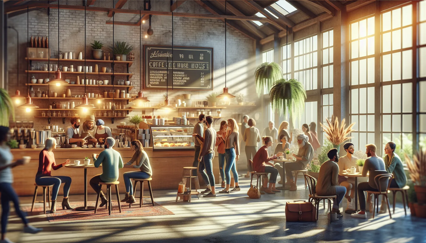 A bustling coffee haus filled with people enjoying beverages, chatting, and relaxing in a sunlit space adorned with plants and a warm atmosphere.