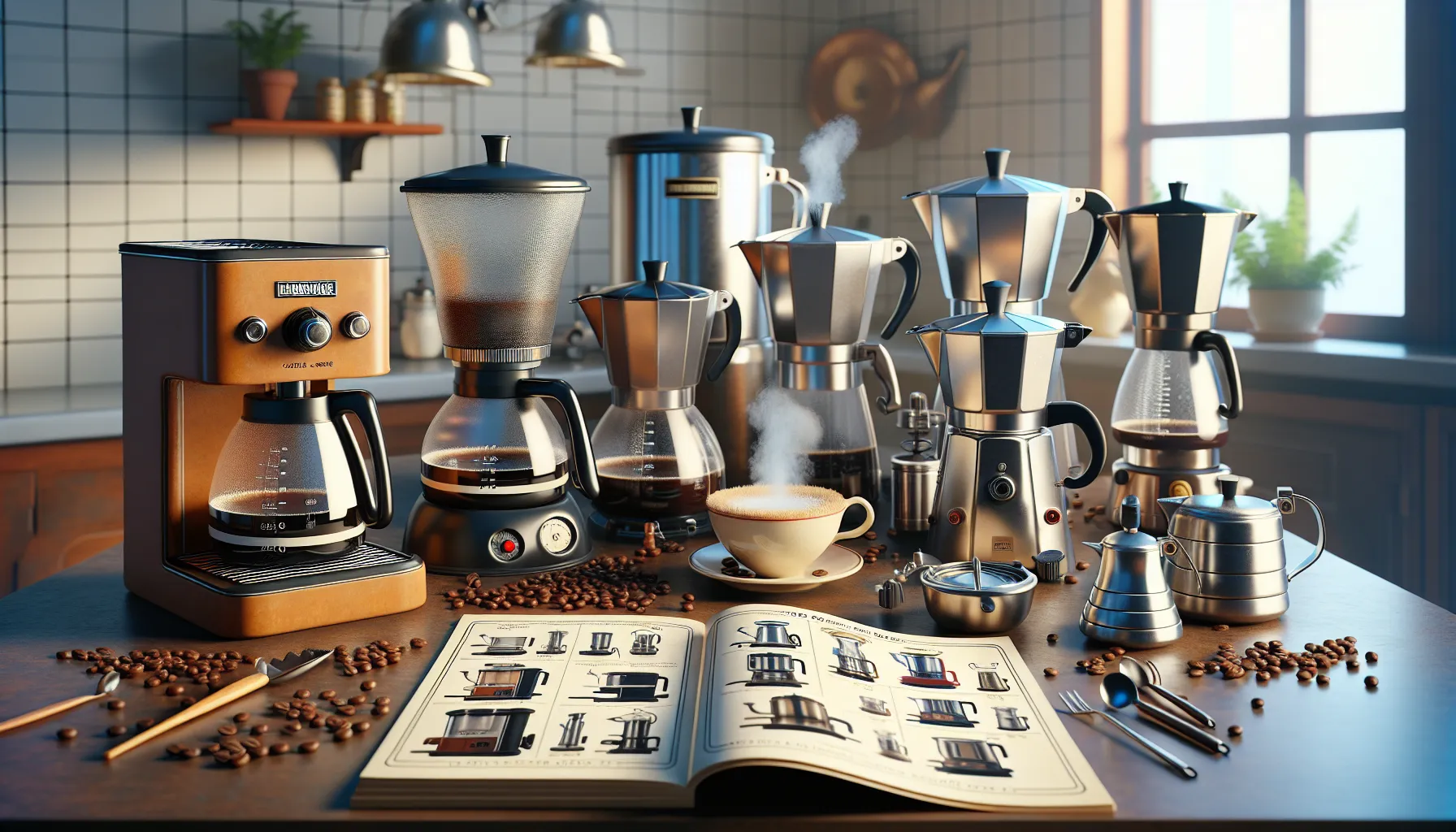 A cozy kitchen scene featuring various coffee brewing equipment, including a drip coffee maker, multiple espresso stovetop pots, and a steaming cup of coffee on a saucer. Coffee beans are scattered on the countertop alongside an open book displaying images of coffee makers. The background features a window with natural light and a potted plant.