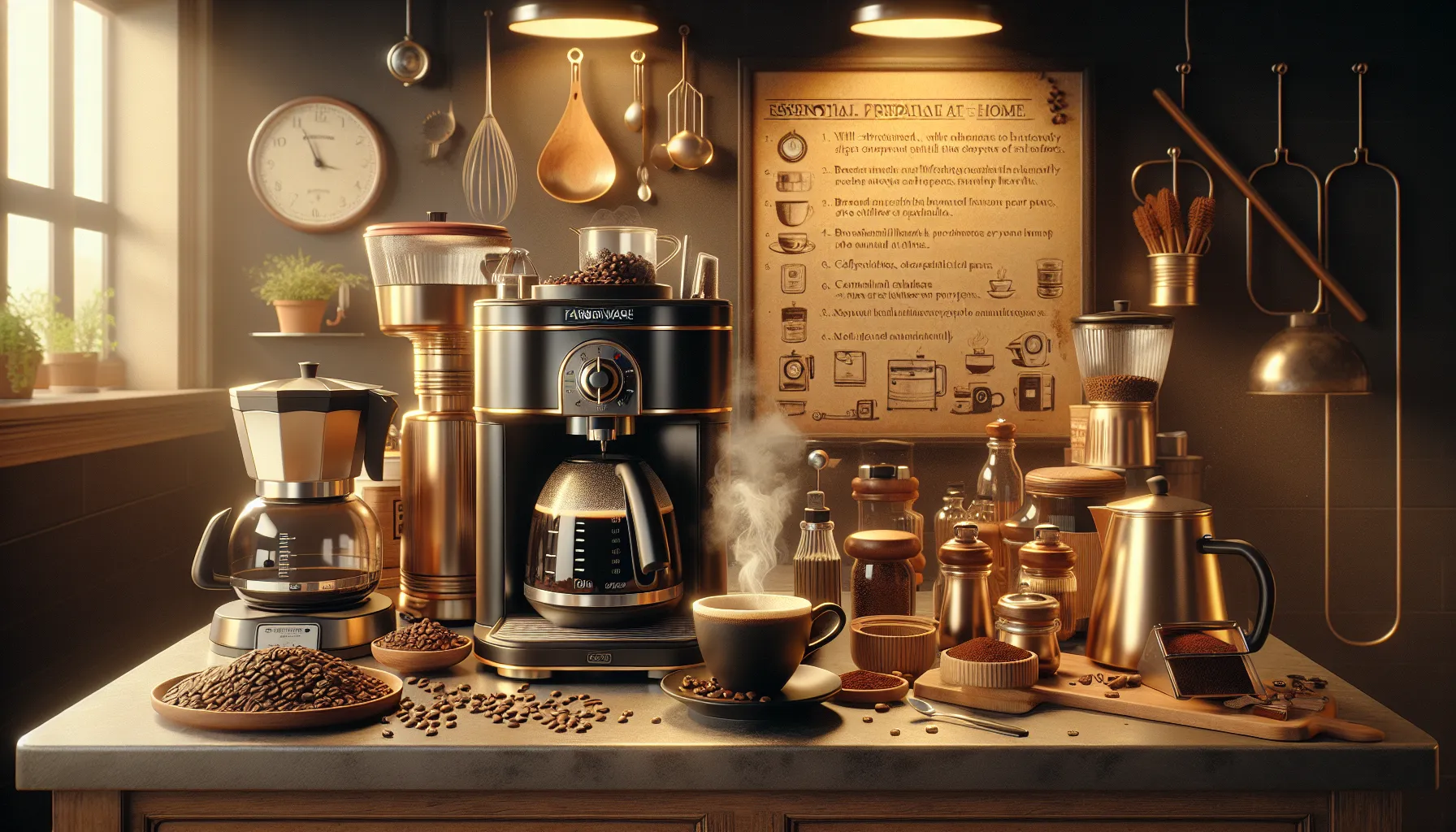 A cozy coffee preparation scene featuring various brewing devices including an espresso machine, a moka pot, and a French press. The countertop is scattered with coffee beans, a steaming cup of coffee on a saucer, and jars of ground coffee. Background elements include a wall chart of coffee essentials, kitchen utensils hanging from hooks, and potted plants near the window, illuminated by warm, soft lighting.