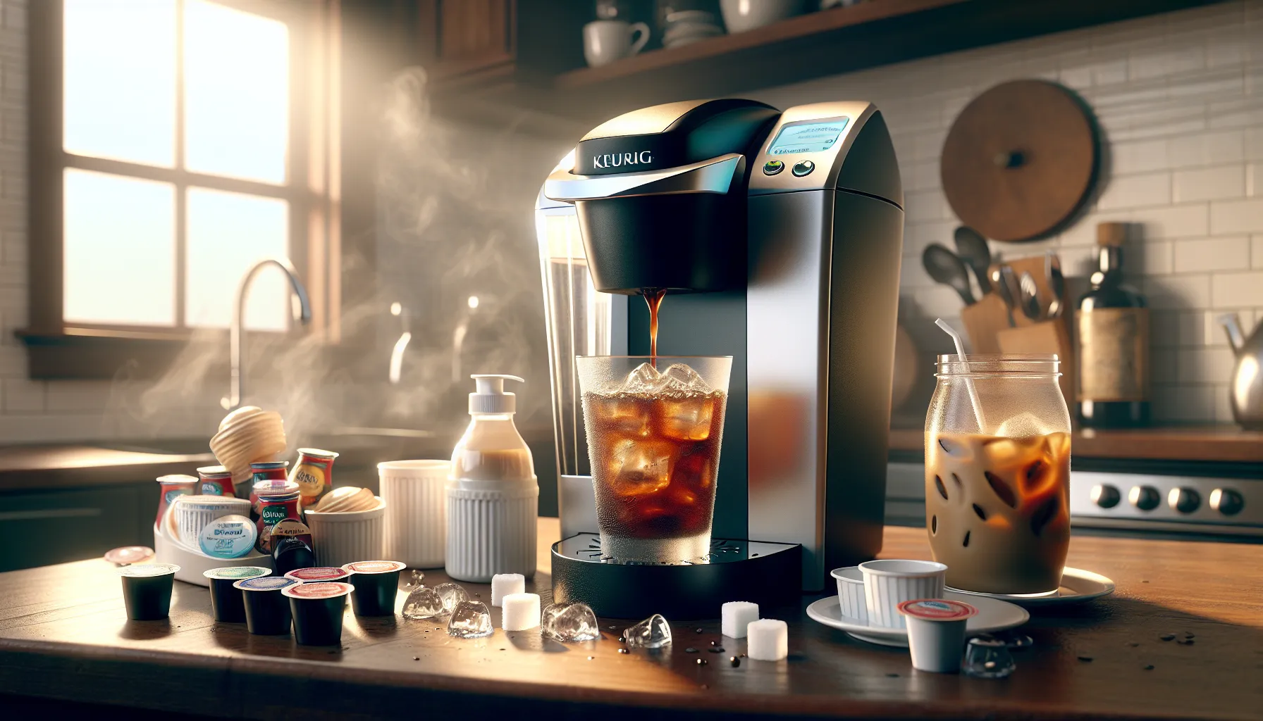 A Keurig machine brews iced coffee into a glass filled with ice, surrounded by coffee pods and creamers in a cozy kitchen setting.