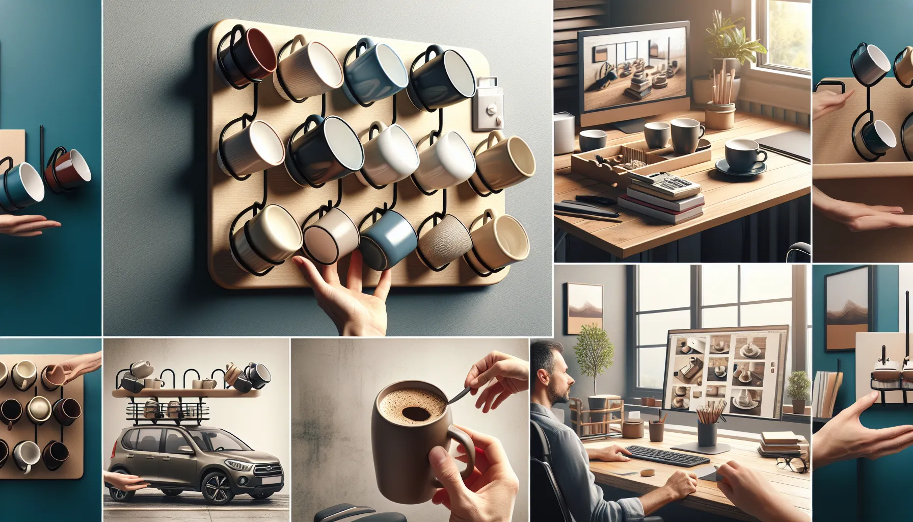 A collection of various coffee cups is displayed on a stylish coffee cup holder mounted on a wall, with a workspace and a car also visible in the background.