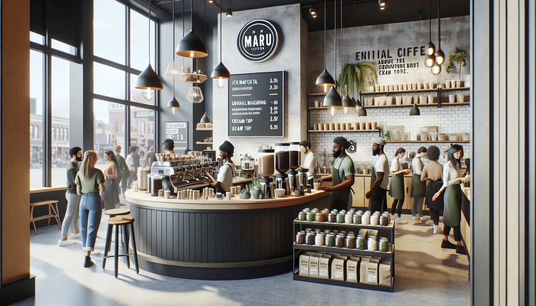 A modern coffee shop interior featuring a circular counter with baristas making drinks. The space is filled with natural light from large windows, and there are customers waiting in line. Shelves display jars of ingredients and bags of coffee. The menu board highlights various beverages with prices. The staff is dressed in casual uniforms, contributing to a welcoming atmosphere.