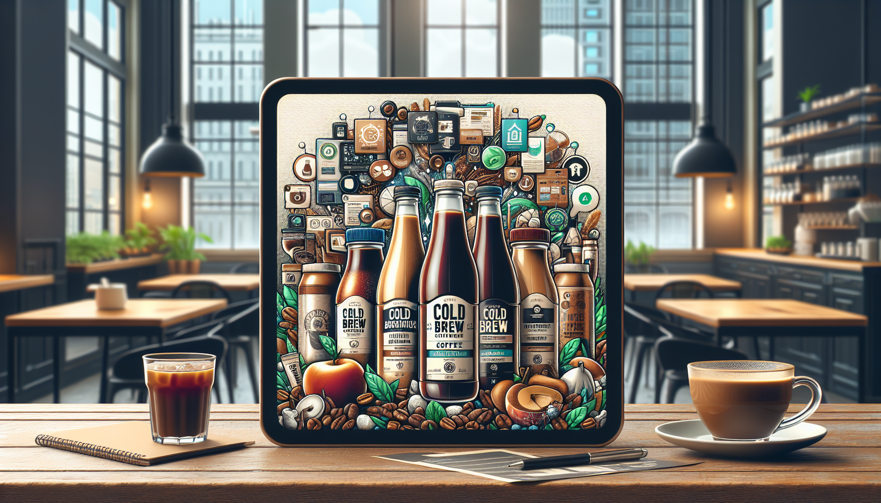 A collection of cold brew coffee bottles is artistically arranged against a backdrop of coffee beans, nuts, and apples, with various coffee-related icons and illustrations surrounding them. In the foreground, a glass of iced coffee and a cup of hot coffee are placed on a wooden table, in a cozy café setting with large windows and a modern decor.