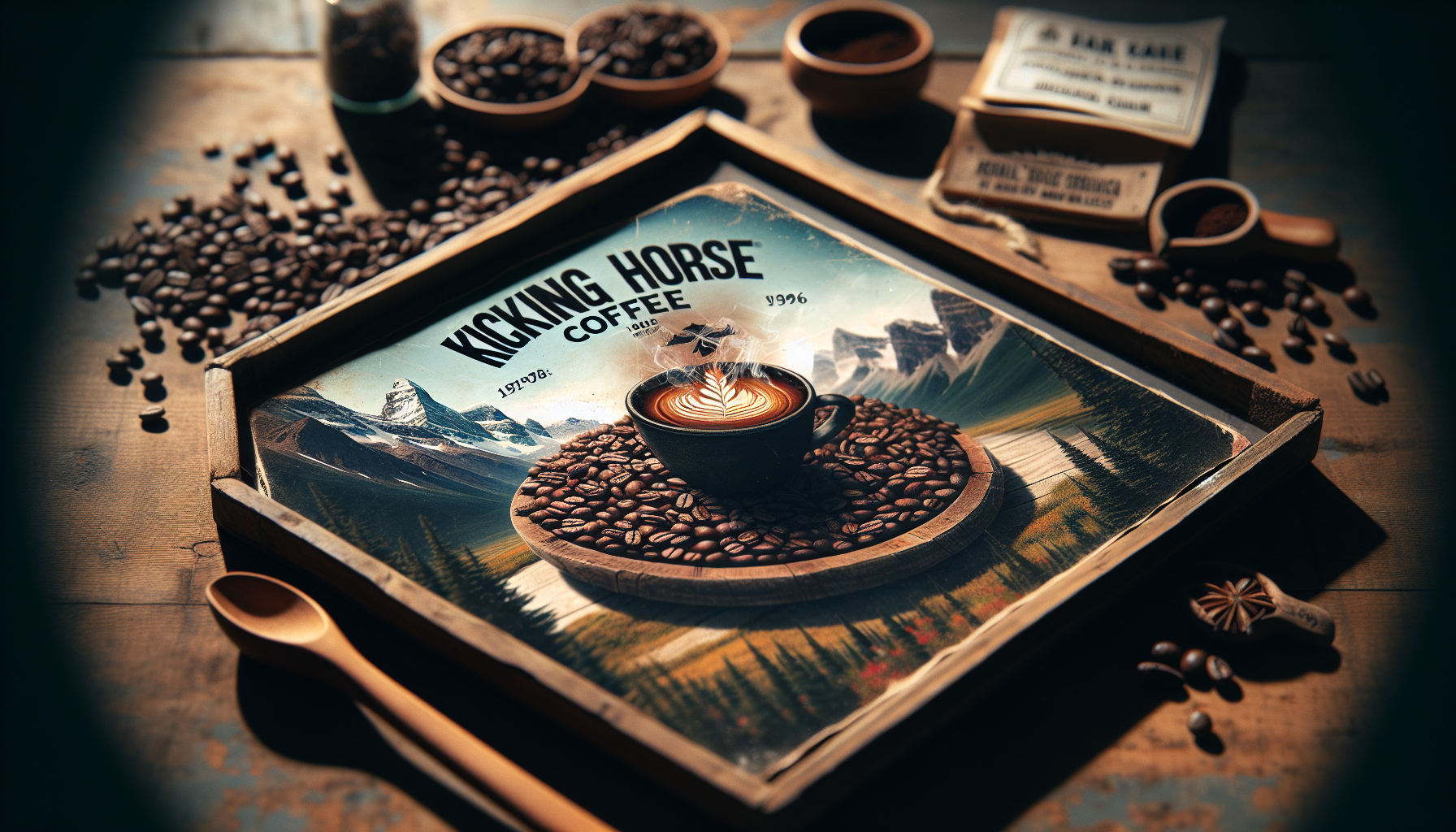 A wooden tray holds a circular arrangement of coffee beans, with a black coffee cup centered on top, featuring latte art. Behind the cup is a vintage-style packaging design for 