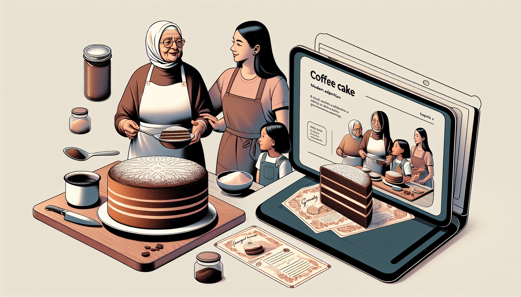 An elderly woman in an apron smiles as she prepares a coffee cake, surrounded by a young woman and a girl. In the foreground, a beautifully striped cake sits on a wooden board with bowls of ingredients nearby. A laptop displays a recipe and images of the baking process, highlighting the theme of shared family traditions in baking.