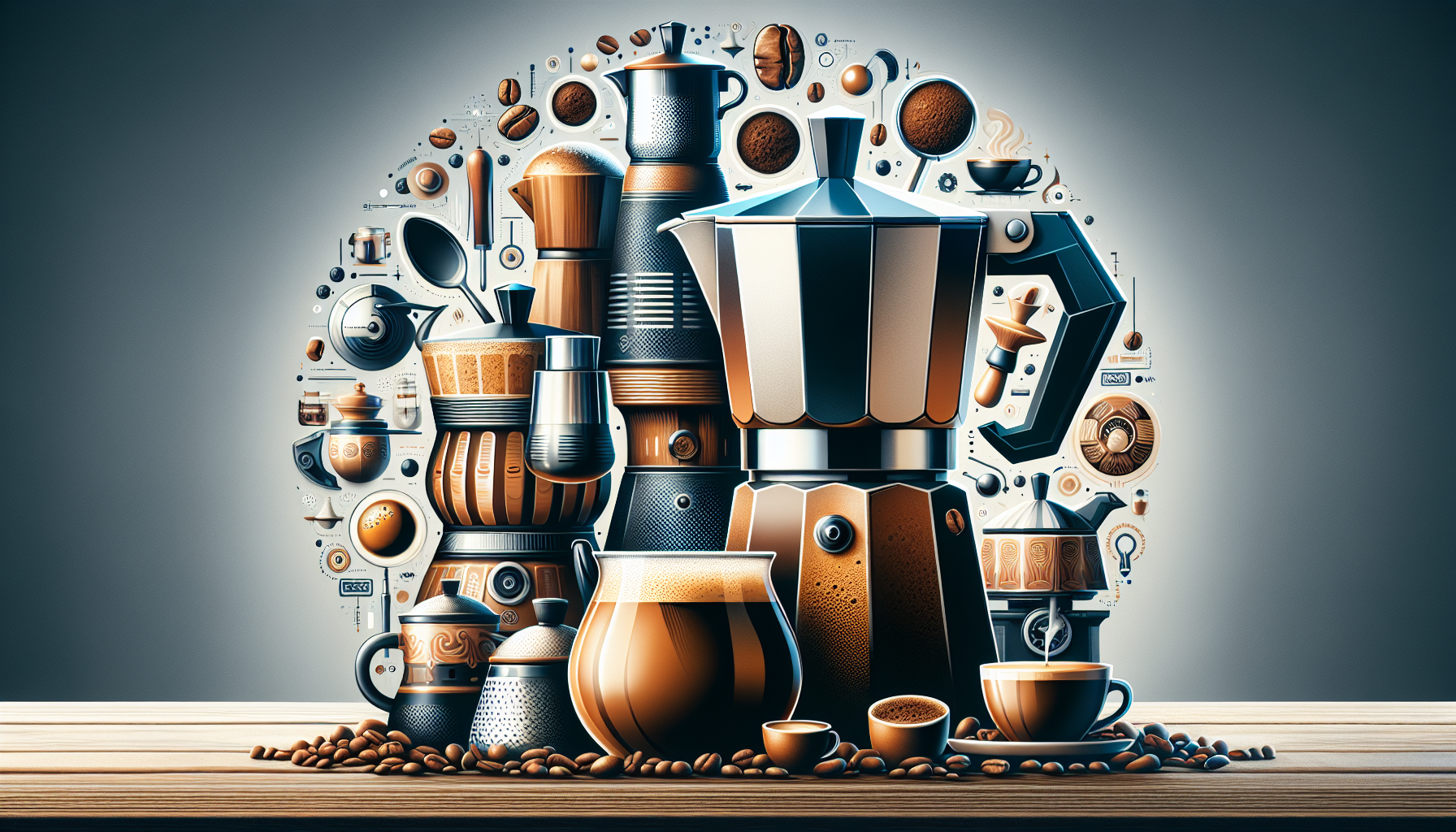 An artistic arrangement of various coffee-making equipment including a moka pot, espresso machine, French press, and coffee cups, surrounded by coffee beans and whimsical coffee-themed illustrations. The background is subtly gradient, enhancing the central composition of coffee-related items.