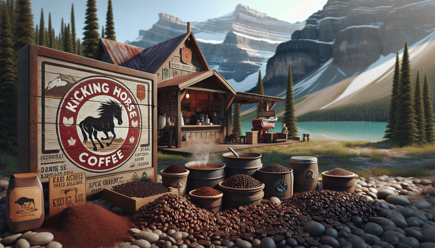 A scenic outdoor display featuring Kicking Horse Coffee products, including bags and containers of coffee beans, set against a backdrop of lush pine trees, mountains, and a serene lake. The rustic wooden shop in the background suggests a cozy coffee establishment.