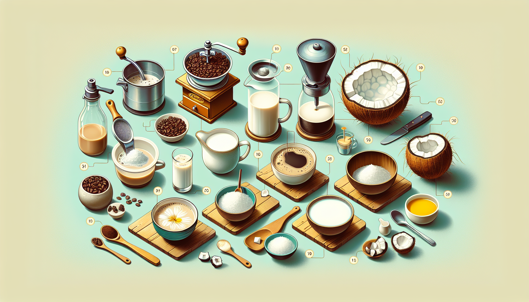 A colorful assortment of ingredients and tools for making a beverage, including coffee beans, a coffee grinder, milk, sugar, coconut pieces, and measuring spoons. The items are arranged on wooden boards, featuring a variety of bowls, glasses, and containers, with numbers indicating each item's position.