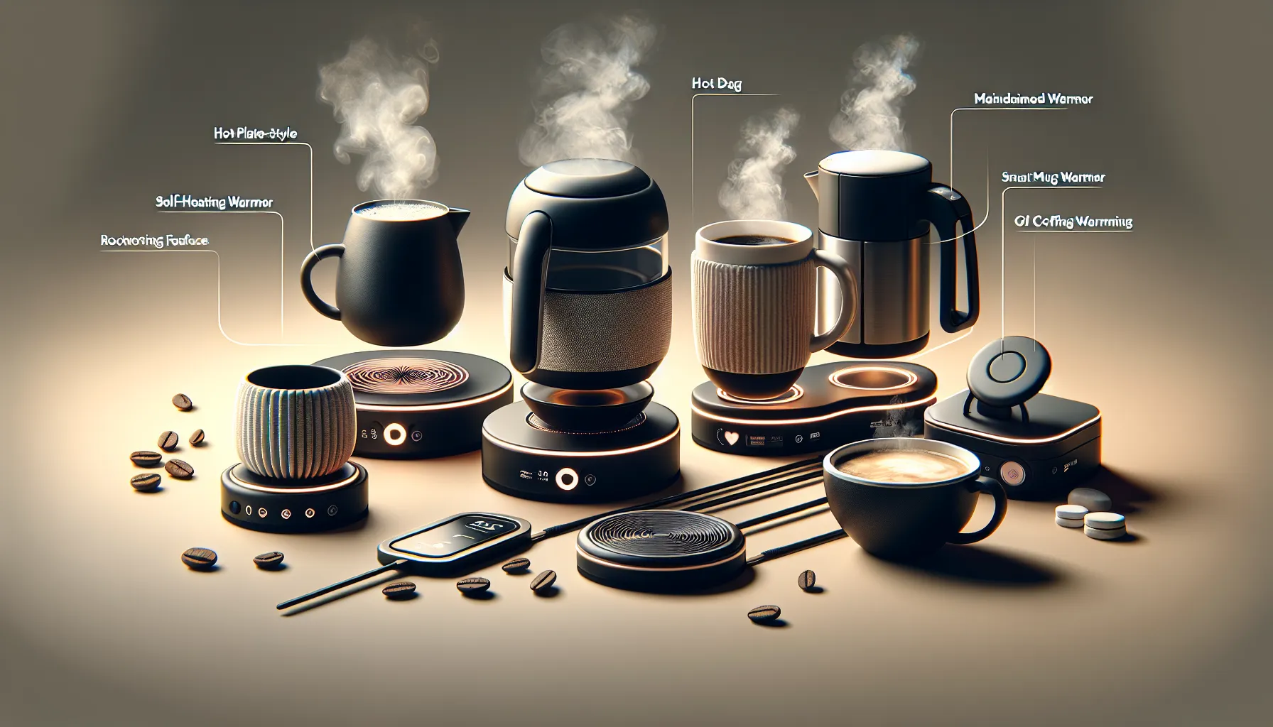 A collection of stylish coffee and tea warming devices arranged on a smooth surface, including a sleek kettle, mugs, and a hot plate, all surrounded by scattered coffee beans. The items emit steam, indicating warmth, with various features labeled beside them, showcasing their functionality.