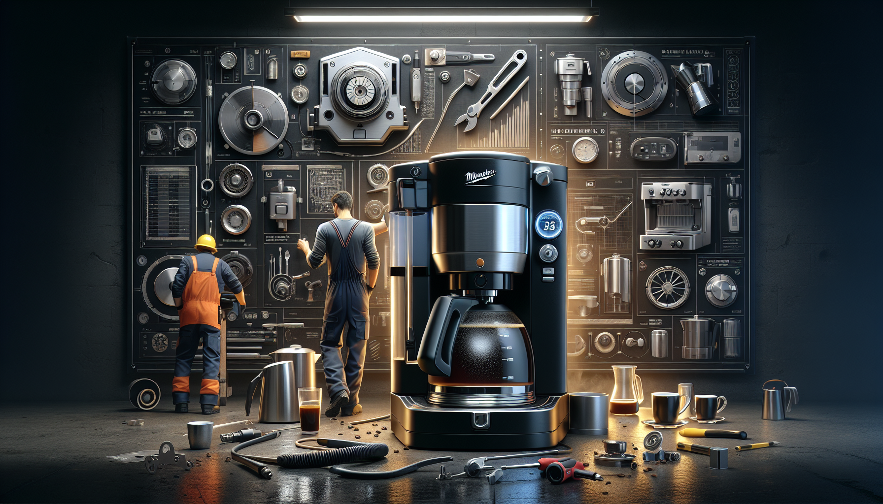 A modern coffee maker sits prominently in the foreground, displaying a freshly brewed pot of coffee. In the background, a wall filled with various mechanical tools and components is lit up, while two workers in industrial clothing are engaged in fixing or inspecting equipment. Tools and coffee brewing accessories are scattered around on the floor.