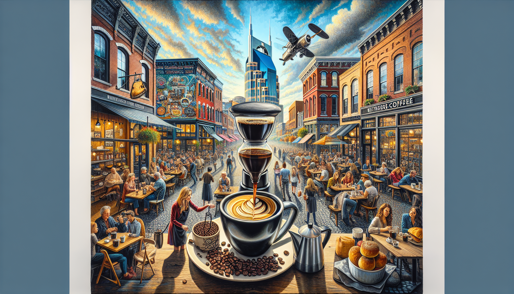 A vibrant urban scene featuring a coffee shop district bustling with people seated at outdoor tables, some enjoying drinks and pastries. In the foreground, a large coffee cup with a heart design sits on a plate surrounded by coffee beans, while a brewing coffee apparatus with coffee dripping into the cup is prominently featured. Above the city skyline, a vintage airplane flies through a colorful sky filled with clouds.