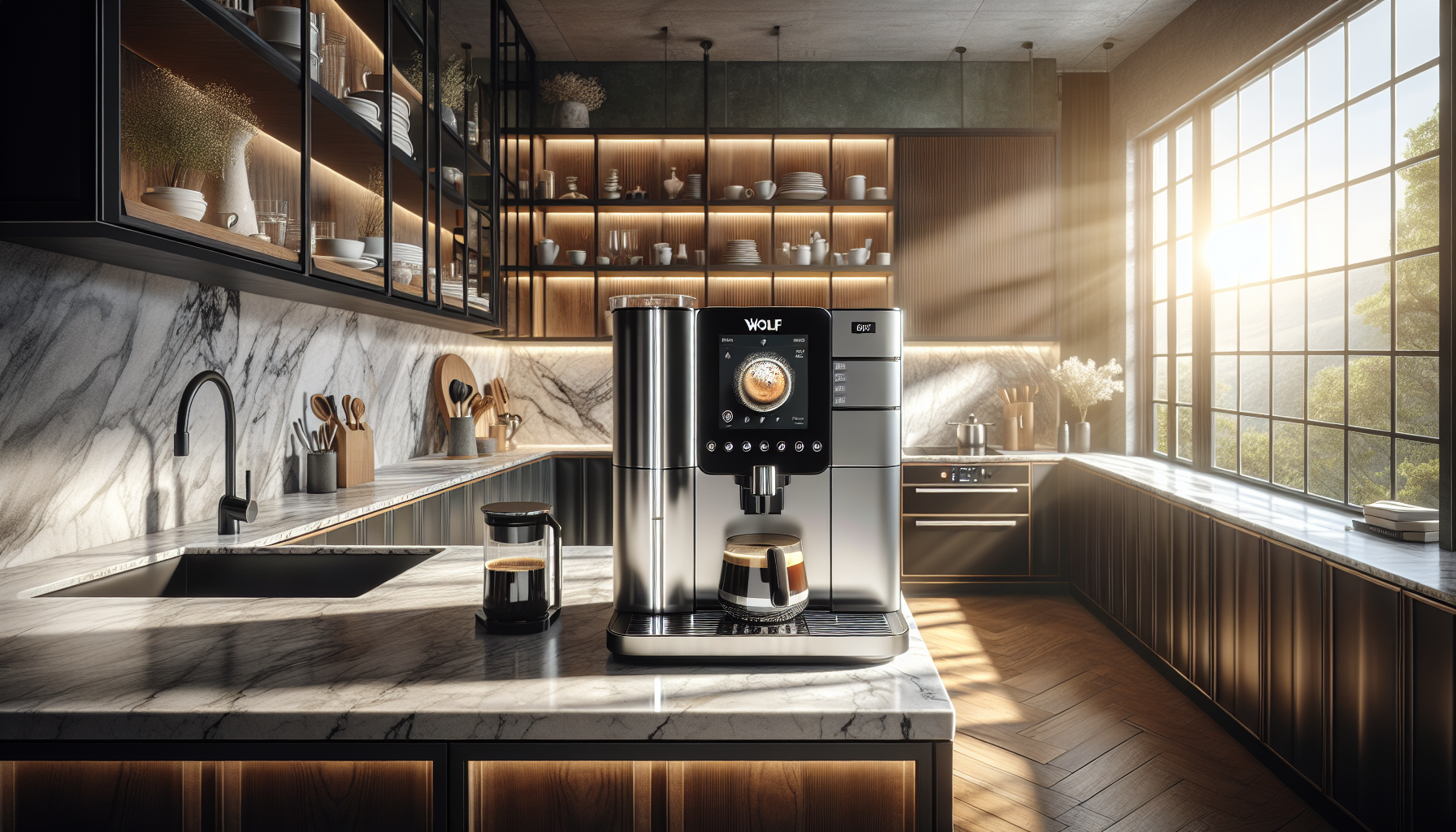 A modern kitchen featuring a sleek Wolf coffee machine on a marble countertop, with a cup of coffee positioned below the dispenser. Behind it, there are wooden shelves displaying plates and kitchenware, and a large window allows sunlight to illuminate the space, highlighting the elegant design and warm tones of the cabinetry and flooring.