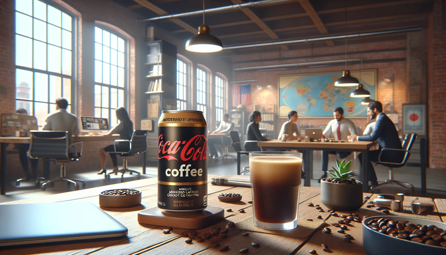 A can of Coca-Cola Coffee sits on a wooden table alongside a glass of coffee and coffee beans, with a bustling office environment in the background.