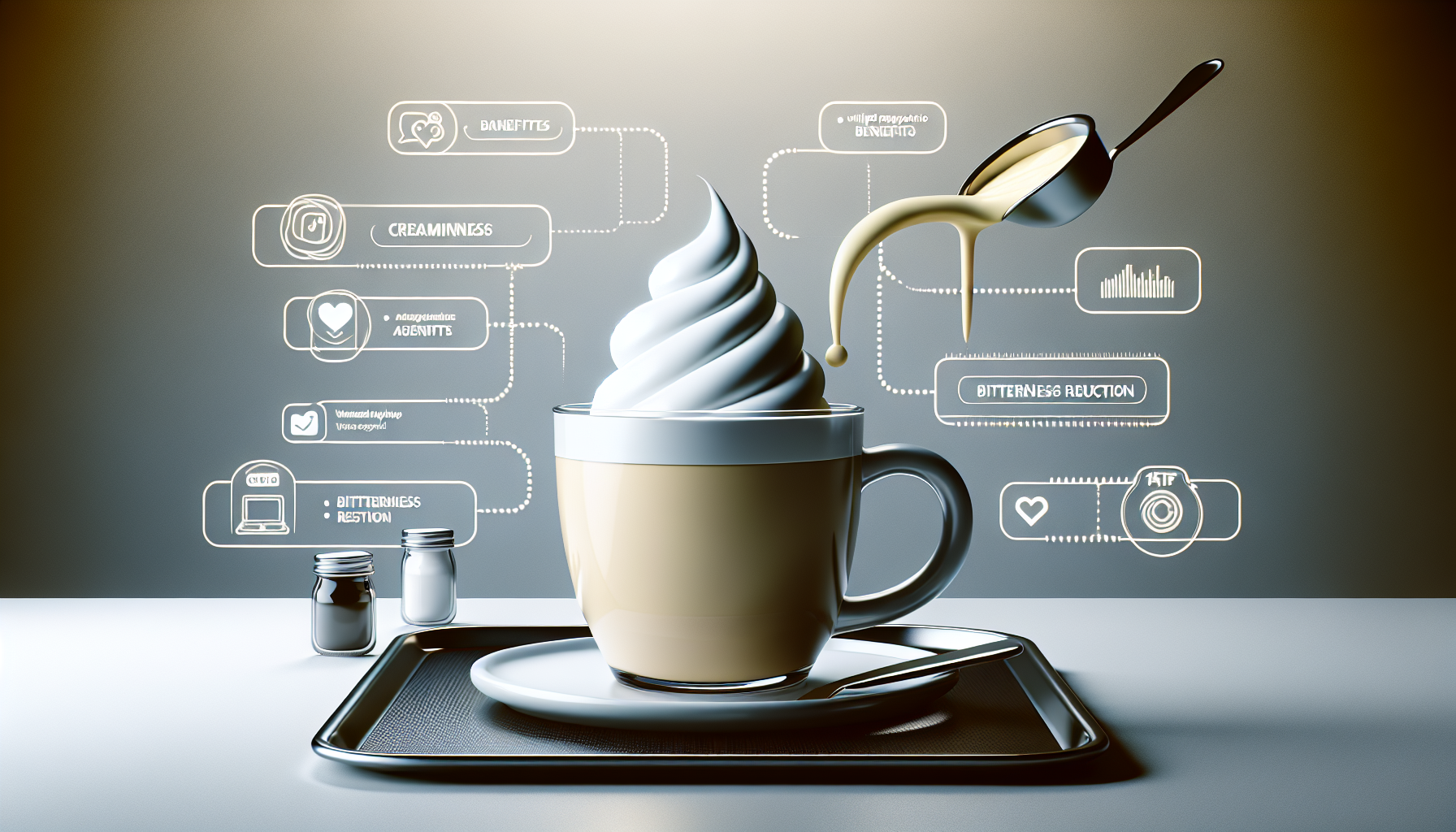 A cup of creamy coffee topped with soft-serve ice cream, placed on a black tray with two glass milk jars nearby. Digital icons and text depicting benefits such as creaminess, bitterness reduction, and managing bitterness are displayed in the background.