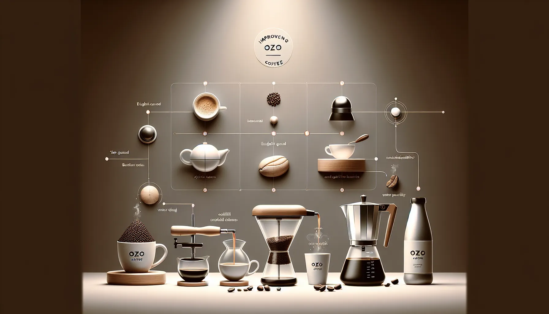 A visually appealing layout showcasing various coffee brewing methods and elements, including a cup of brewed coffee, coffee beans, a teapot, a coffee grinder, a French press, and a moka pot. The design features instructional labels highlighting aspects such as grind size, coffee type, and water quantity, all centered around the OZO Coffee brand logo at the top. The background is a warm, neutral tone that enhances the coffee-related items displayed.