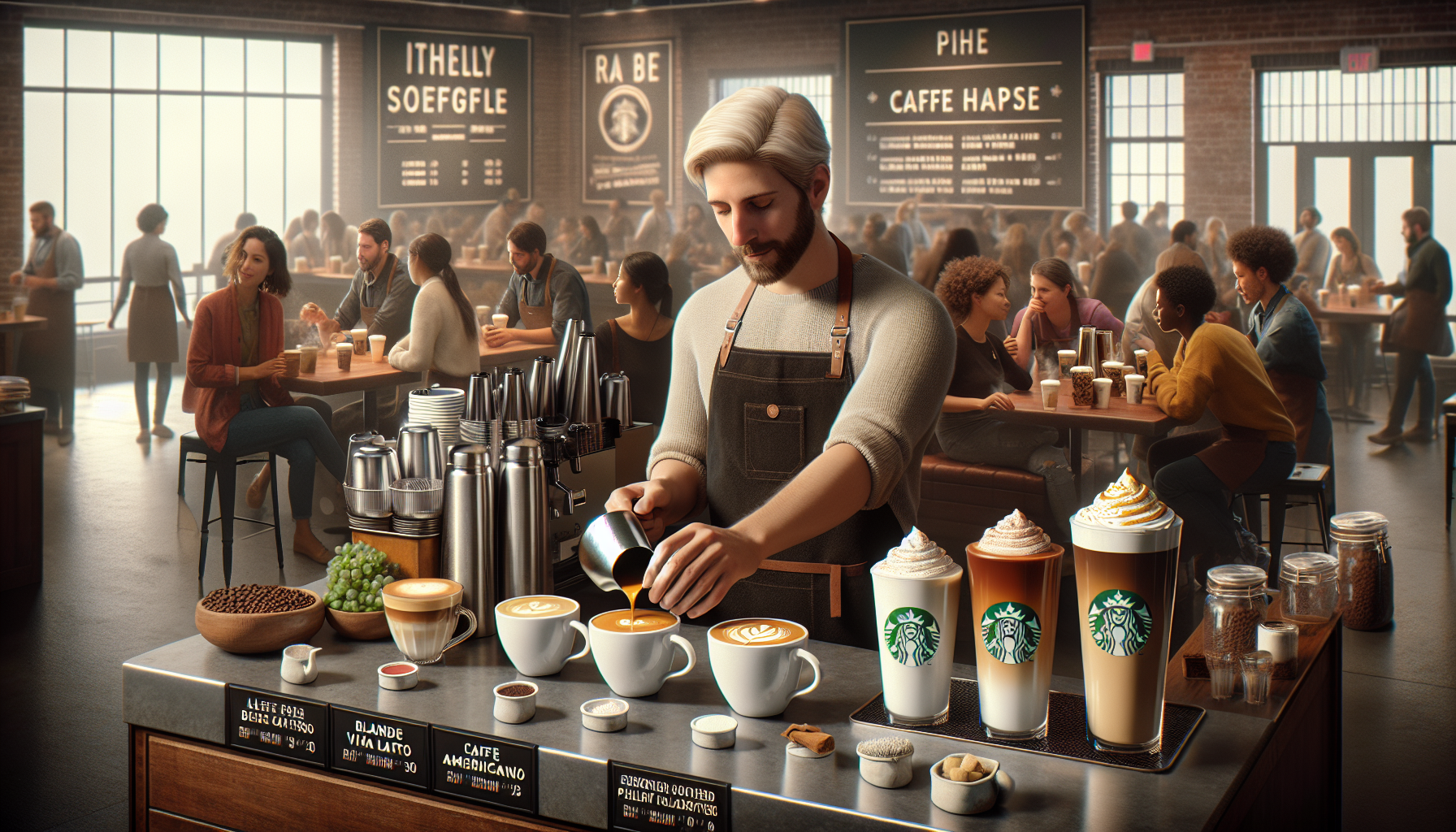 A bustling coffee shop scene featuring a barista with light hair and a beard pouring coffee into white cups, with several customers seated at tables enjoying their drinks. The decor includes large chalkboards with menu items and coffee-related imagery, and various coffee products displayed on the counter, including drinks topped with whipped cream.