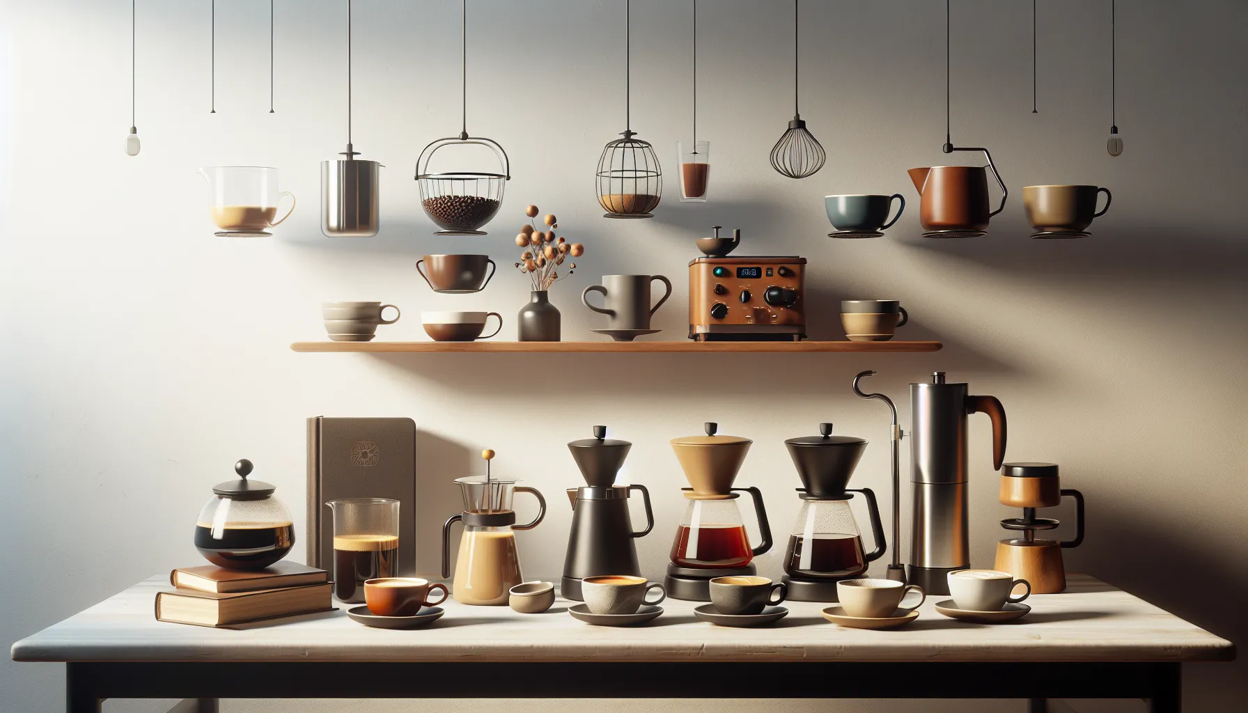 A beautifully arranged coffee flight featuring various brewing methods and coffee cups on a table.