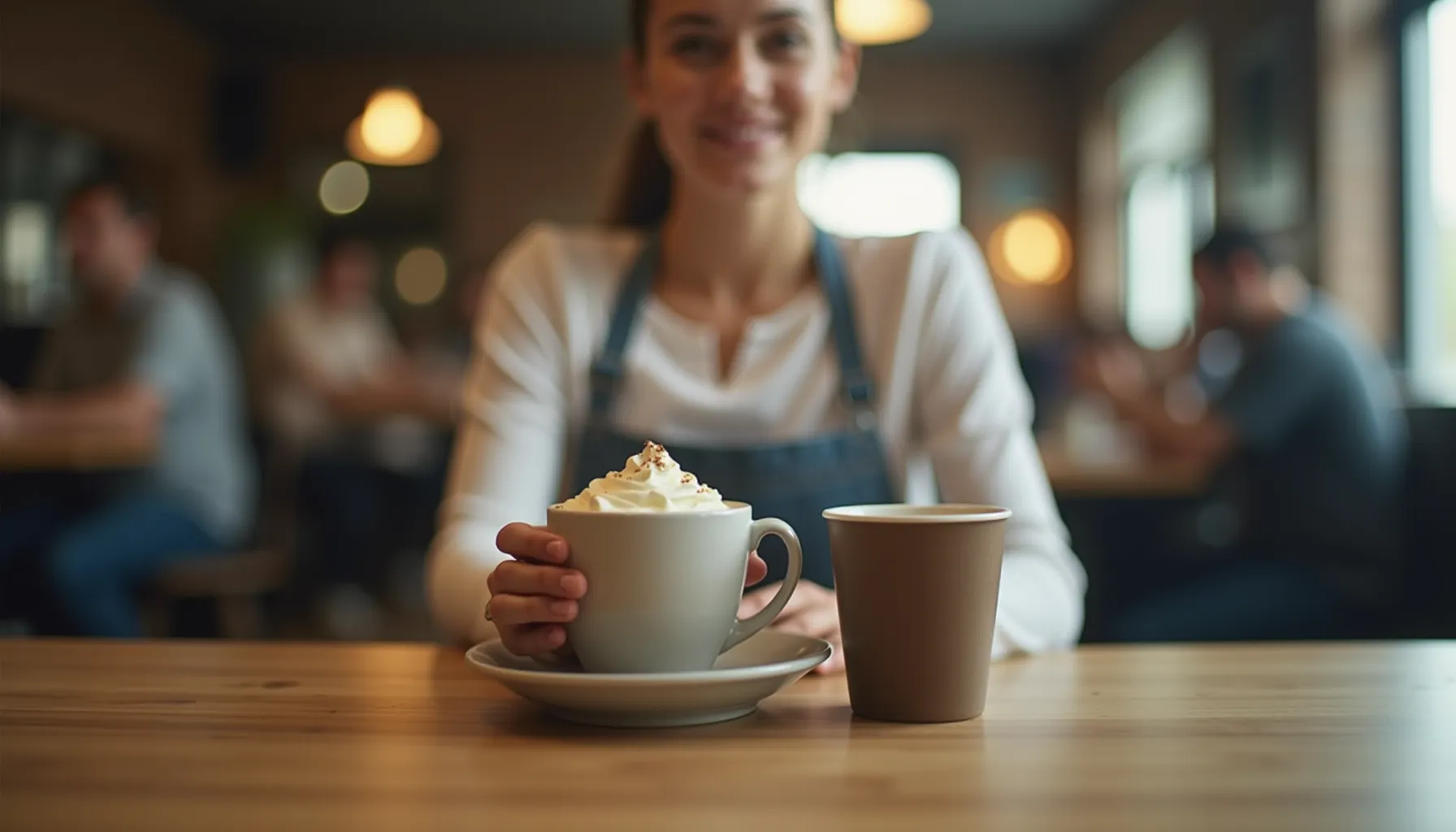 A woman presents a cup of mudhouse coffee topped with whipped cream beside a takeaway cup.