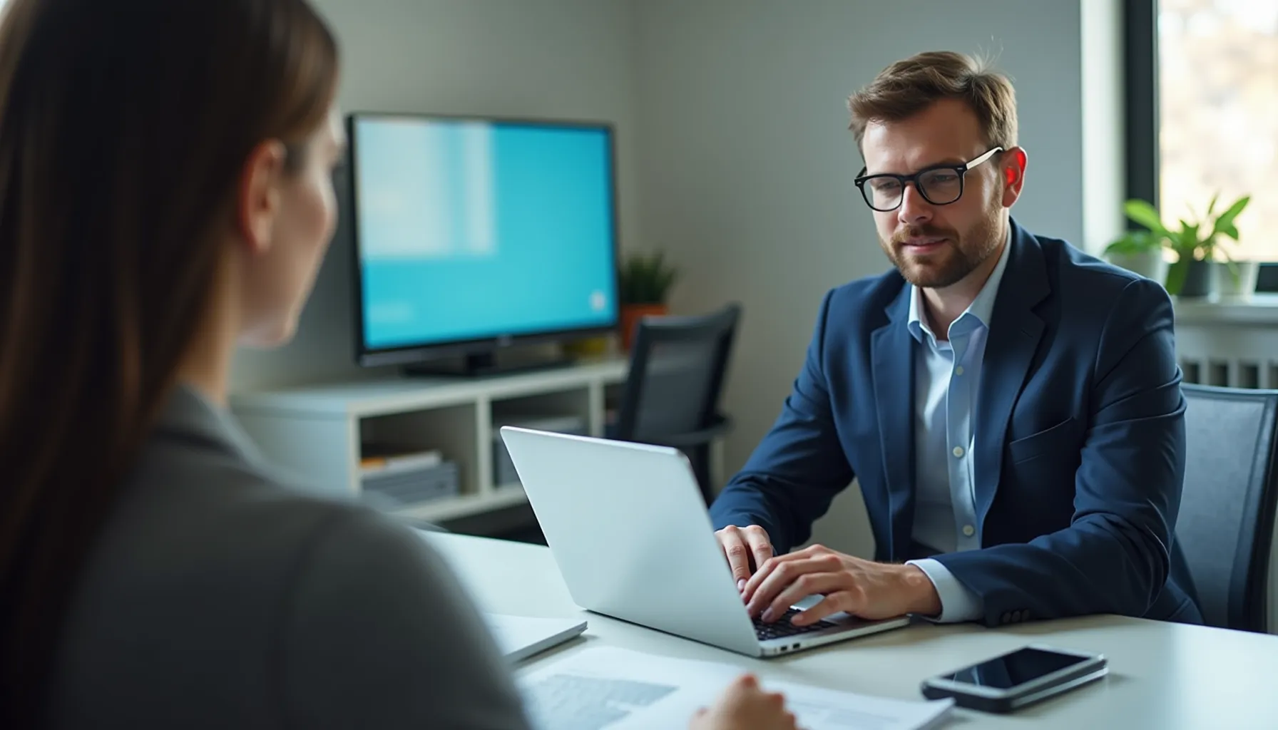 A professional discussing topics related to ai courses online 2025 in an office setting.