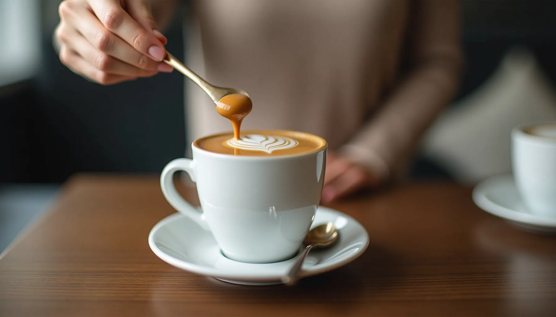 A person drizzles caramel on a beautifully crafted breve coffee in a white cup.