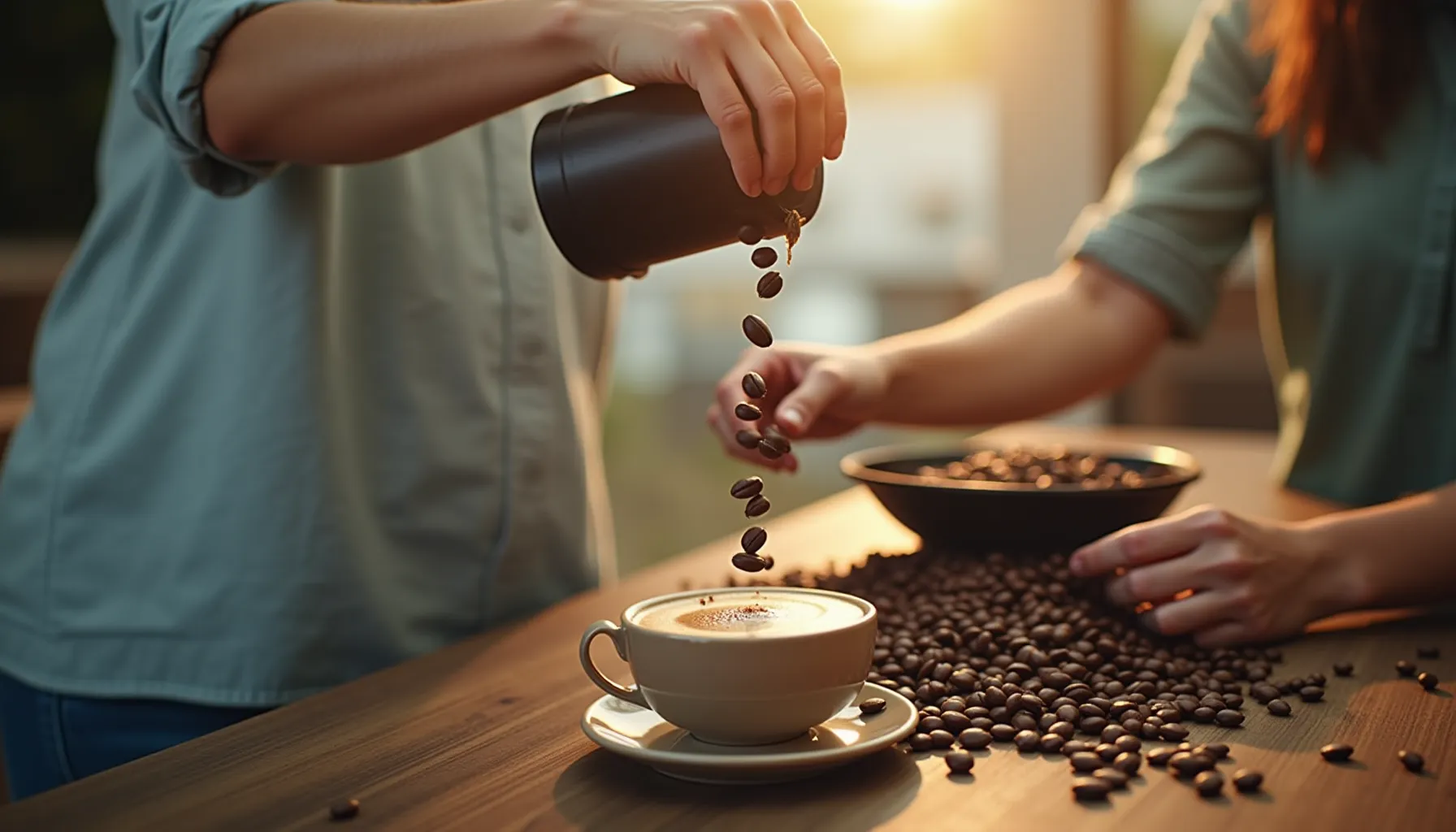 A person pours coffee beans into a cup, highlighting the essence of brash coffee culture.