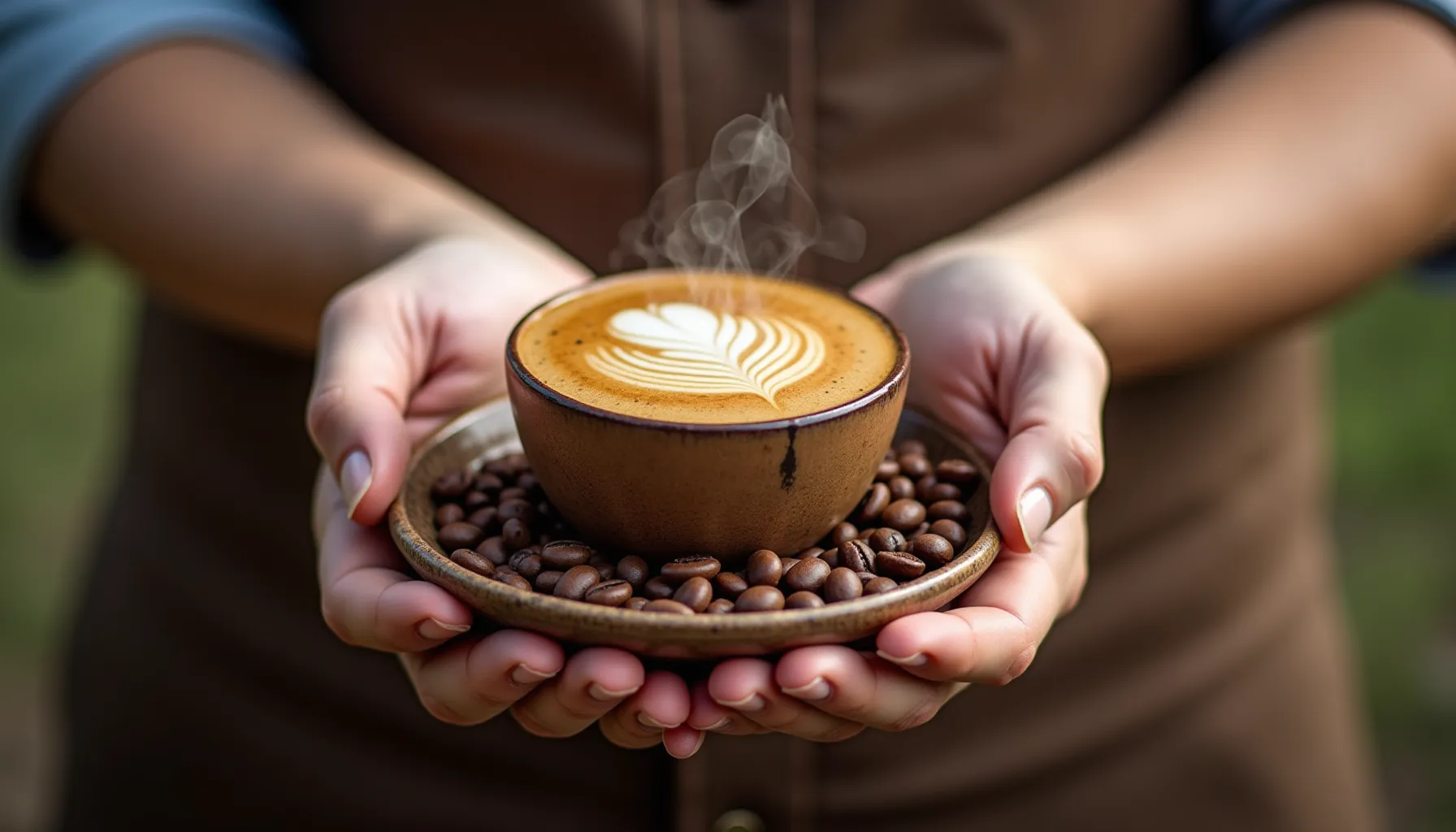 A person holds a cup of coffee artfully topped, showcasing the rich coffee origin in the beans.