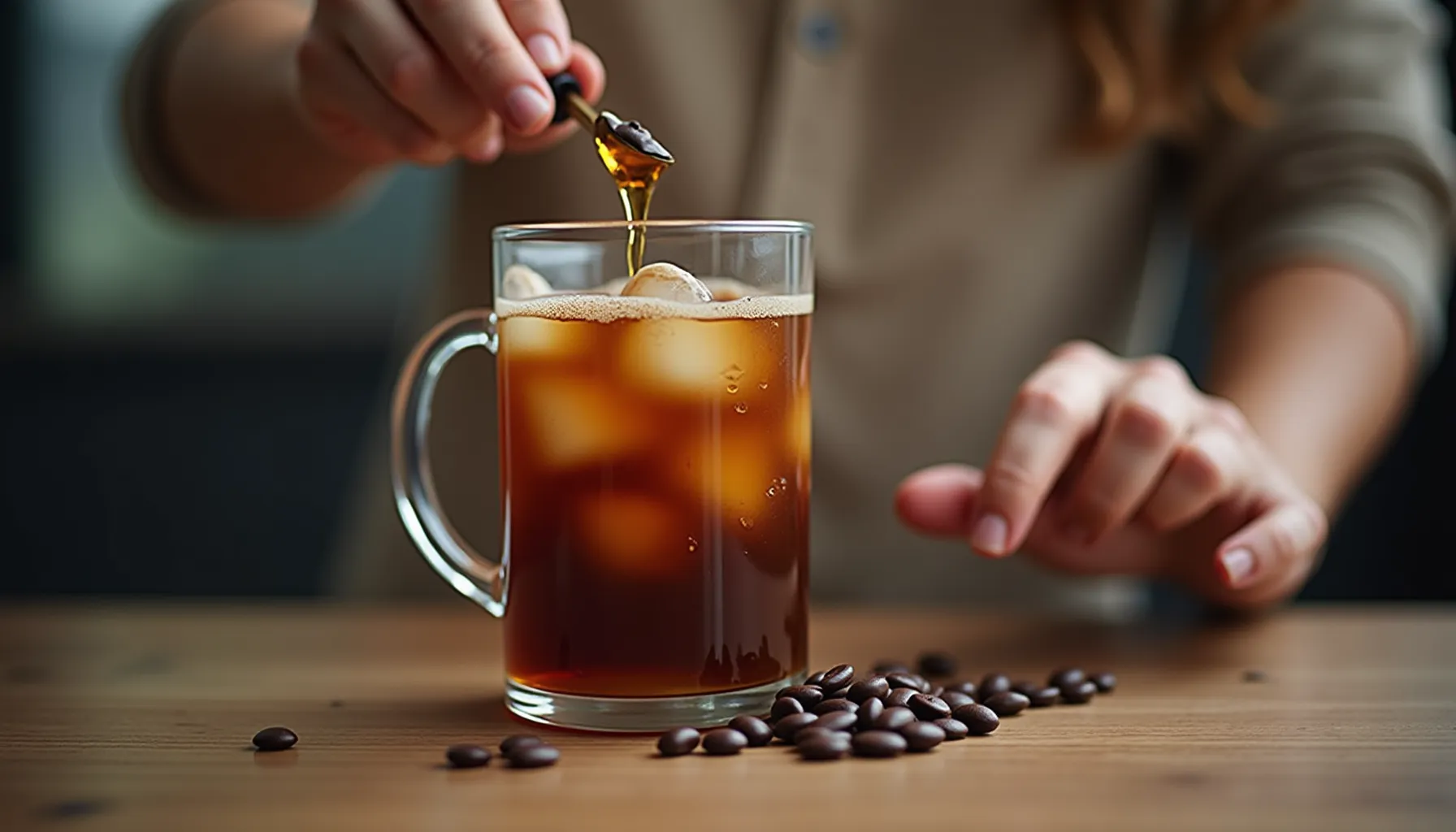 A person adds a drizzle of syrup to a glass of iced jot coffee, surrounded by coffee beans.