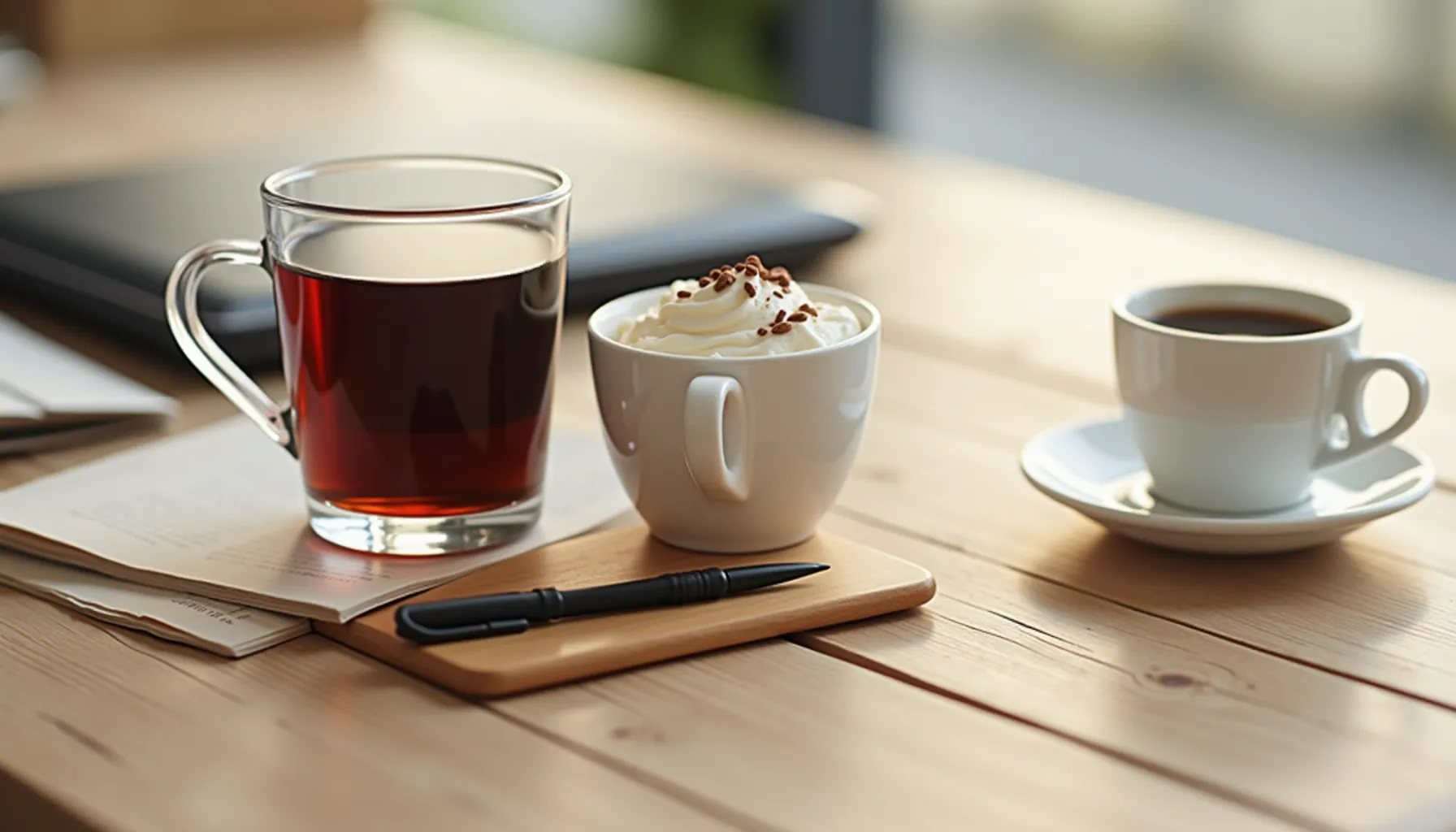 A cozy coffee setup featuring nudge coffee bombs with various cups and a pen on a wooden table.