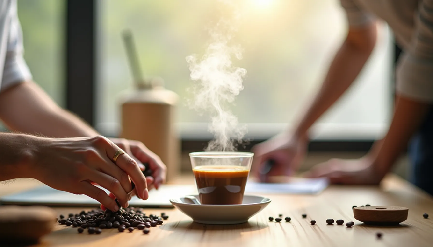 A steaming cup of wonderstate coffee sits on a table surrounded by coffee beans and hands.