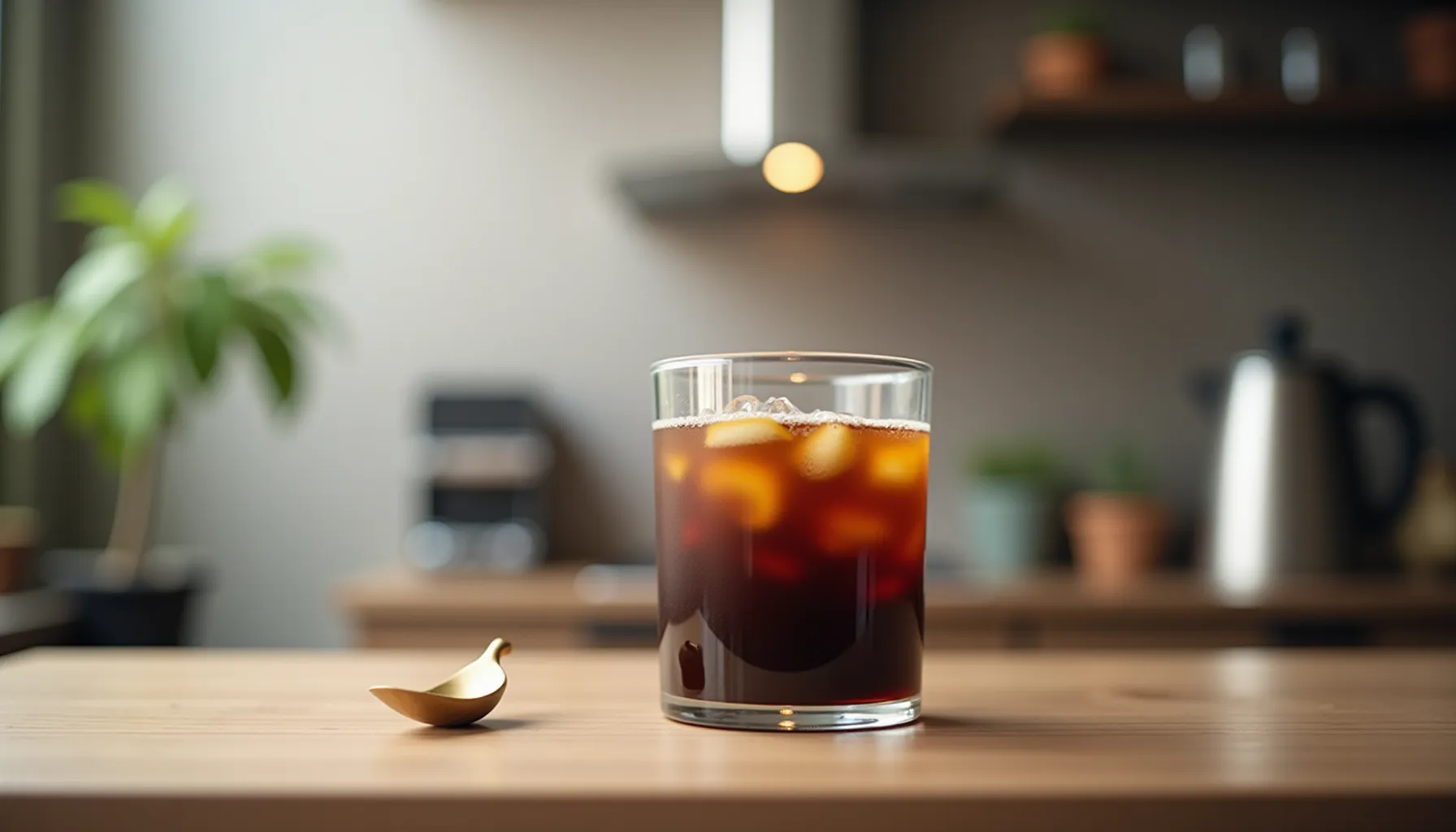 A refreshing glass of jot coffee sits on a wooden table, with ice cubes glistening inside.