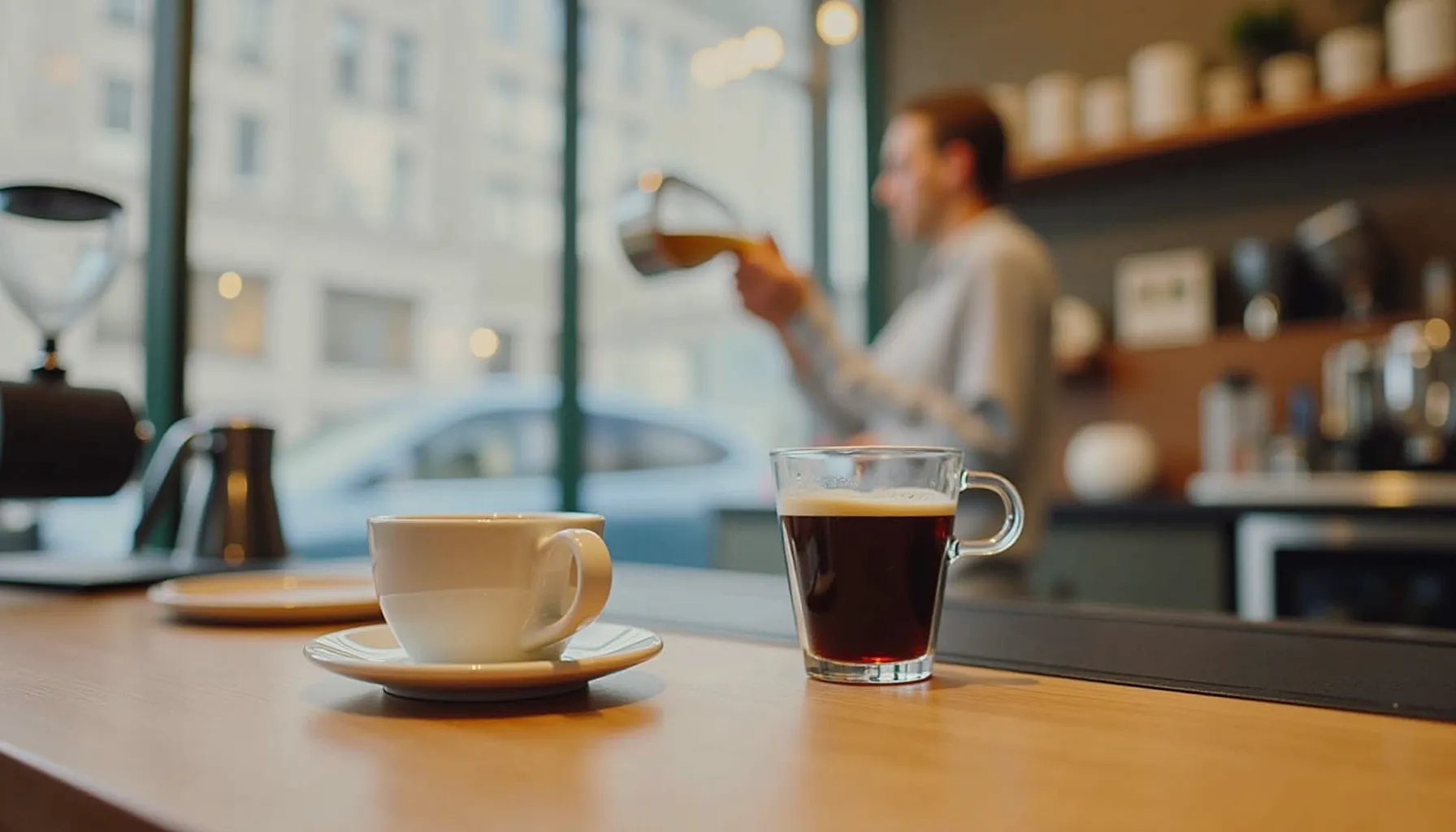 A warm cup of kizler coffee pacifica sits on a wooden table with a barista brewing behind it.