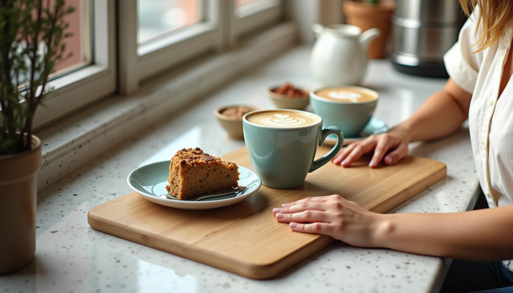 A cozy cafe setting with coffee, cake, and a focus on cafe etymology related to social culture.