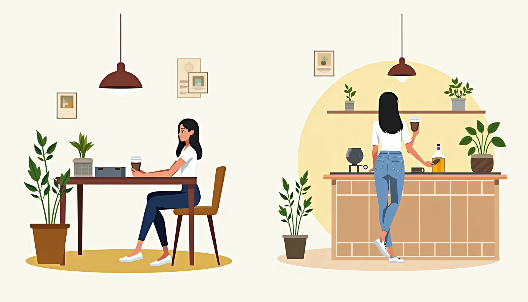 A cozy scene at a chit chat cafe showcases a woman enjoying coffee and plants in a bright atmosphere.