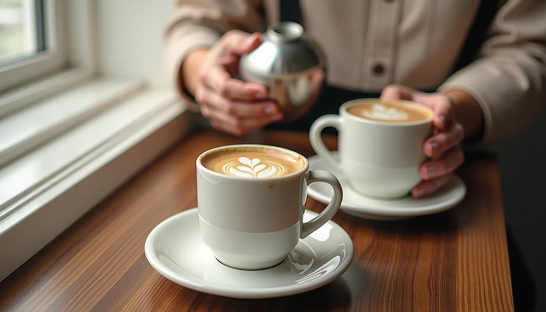 A barista skillfully prepares schuil coffee with beautifully crafted latte art in cozy surroundings.