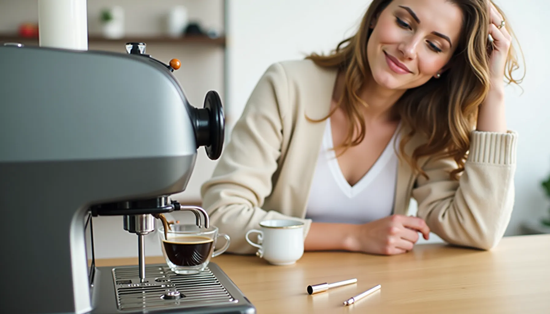 A woman enjoys a cup of airship coffee while sitting at a table with a coffee machine.