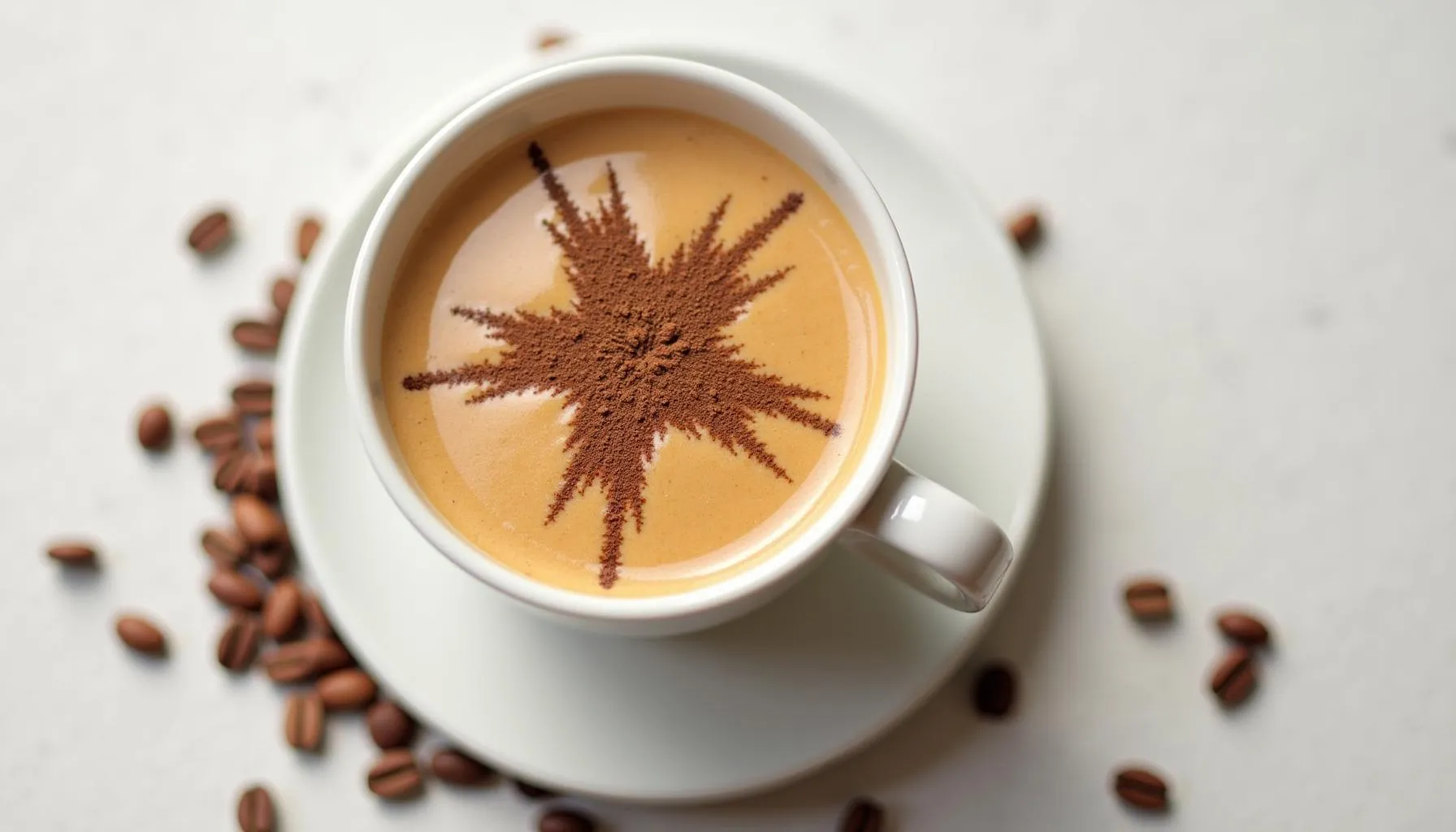 A beautifully crafted cup of maca coffee with a decorative cocoa design on top.