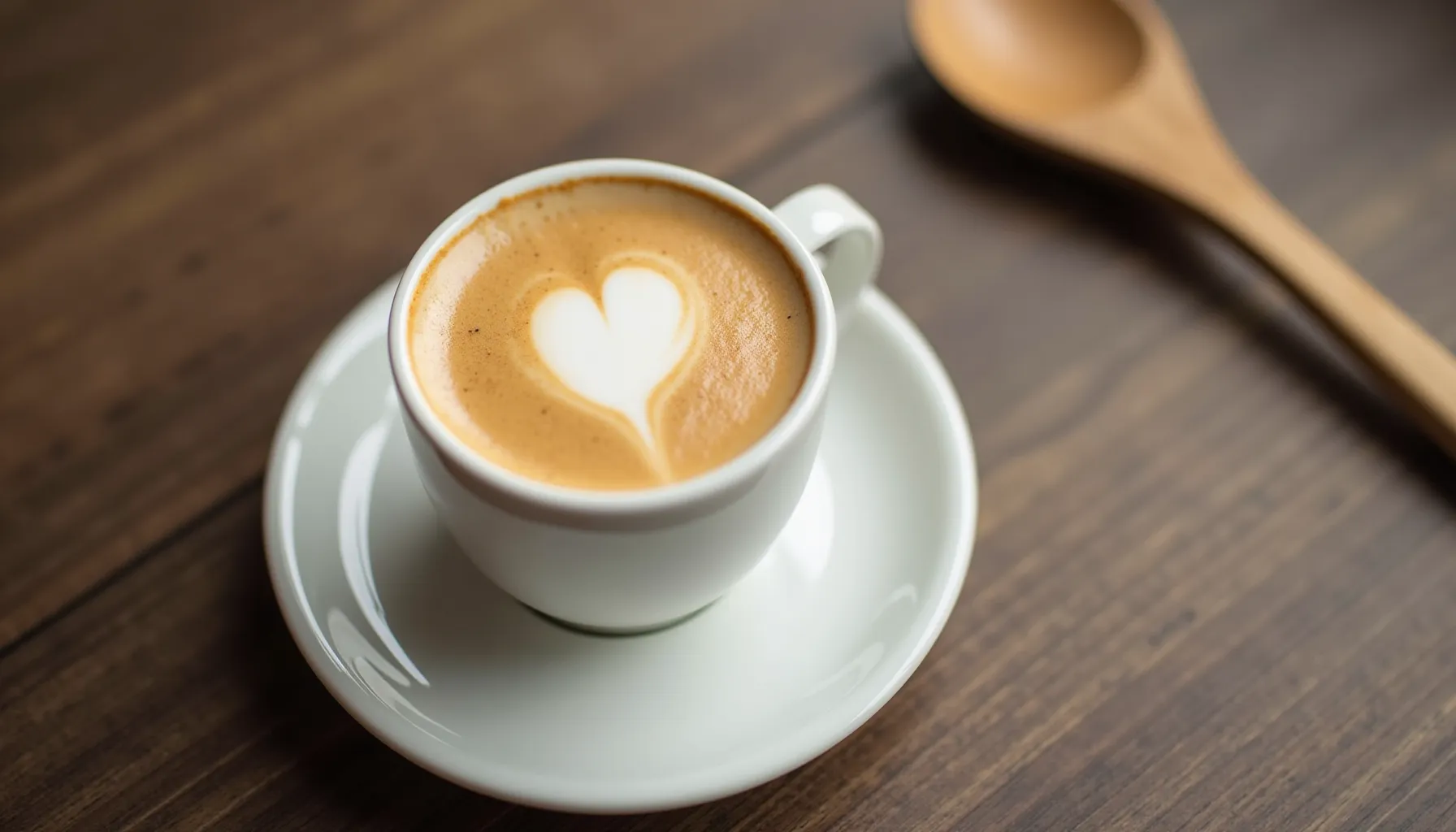 A beautifully crafted cup of french vanilla coffee sits on a saucer, featuring a heart-shaped foam design.