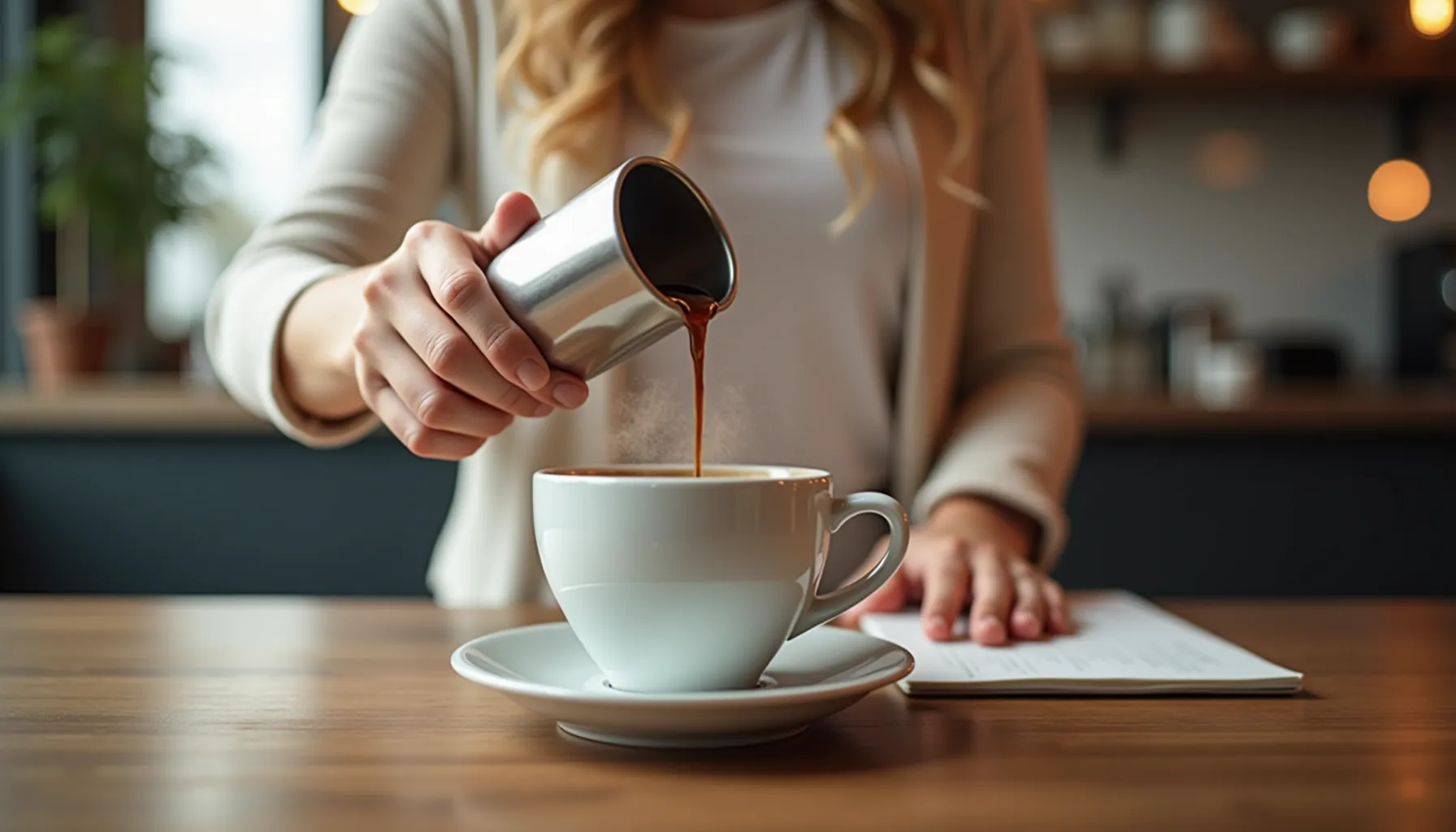 A barista pours steaming jubala coffee into a white cup, showcasing the rich brew.