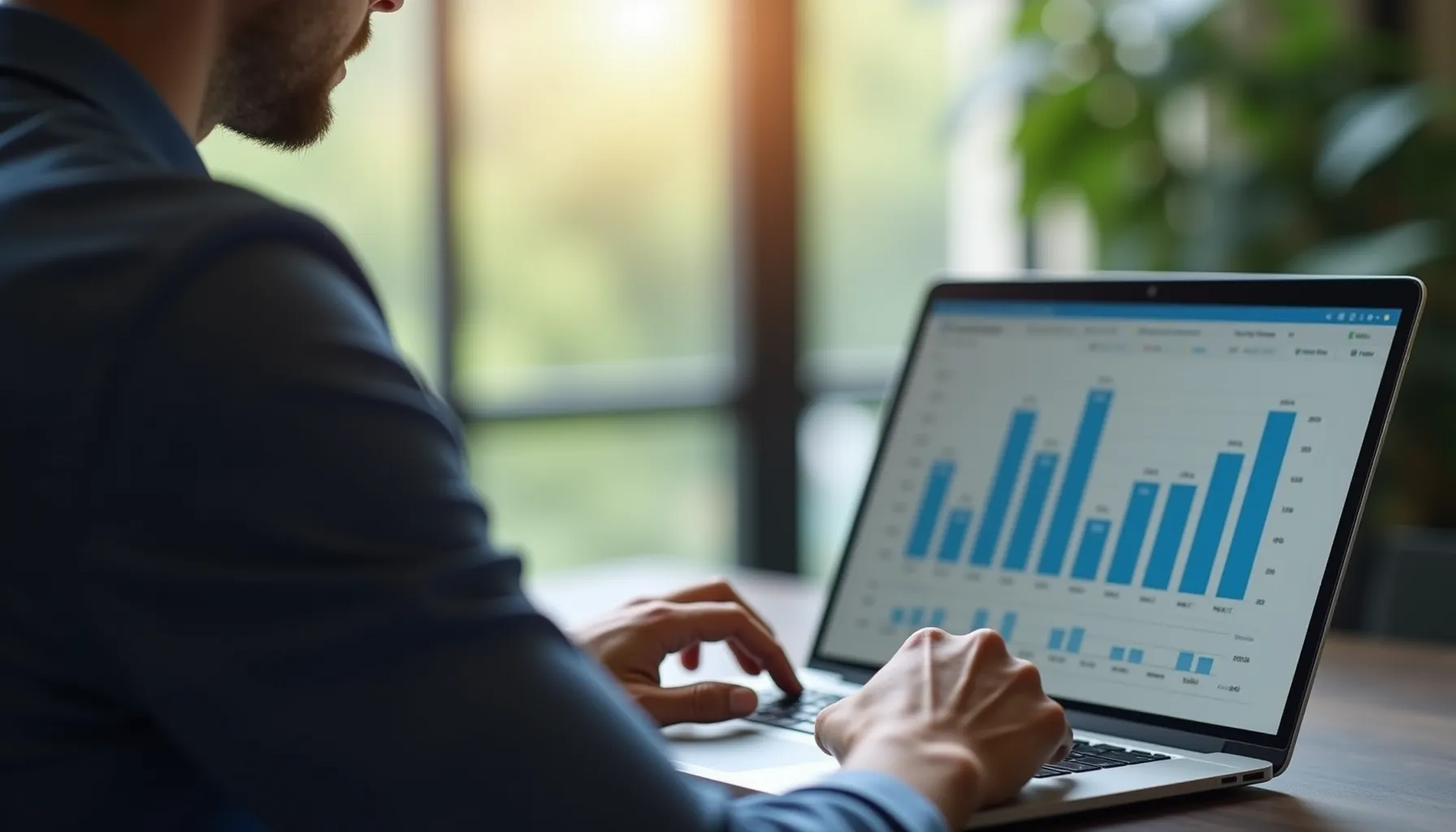 A professional using an ai assistant app on a laptop, analyzing bar graphs and data.