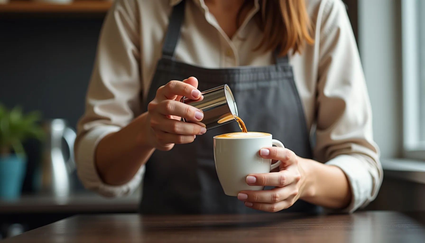 A barista pours coffee into a cup at Hungry Ghost Coffee, showcasing skillful latte art.