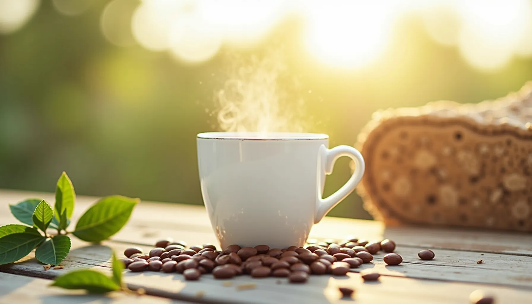 A steaming cup of coffee on a table with beans, illustrating how does coffee get to the United States.