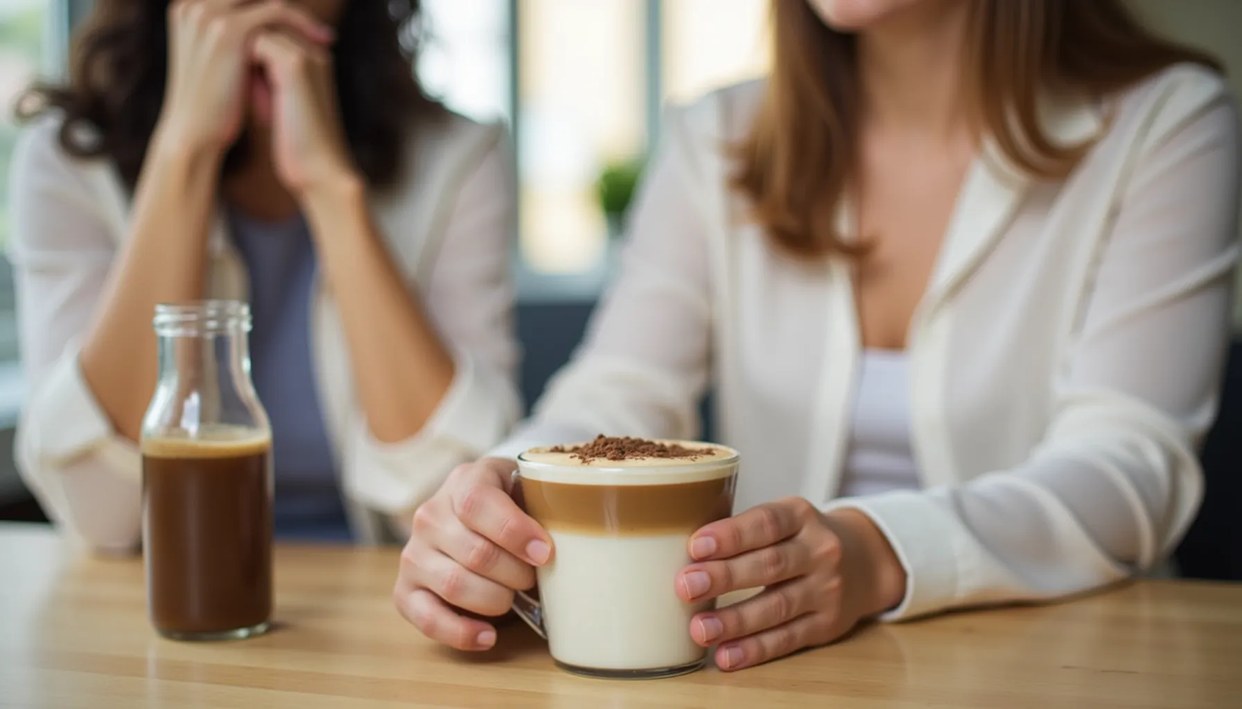 A woman enjoys a cup of coffee with heavy cream in coffee, topped with chocolate shavings.