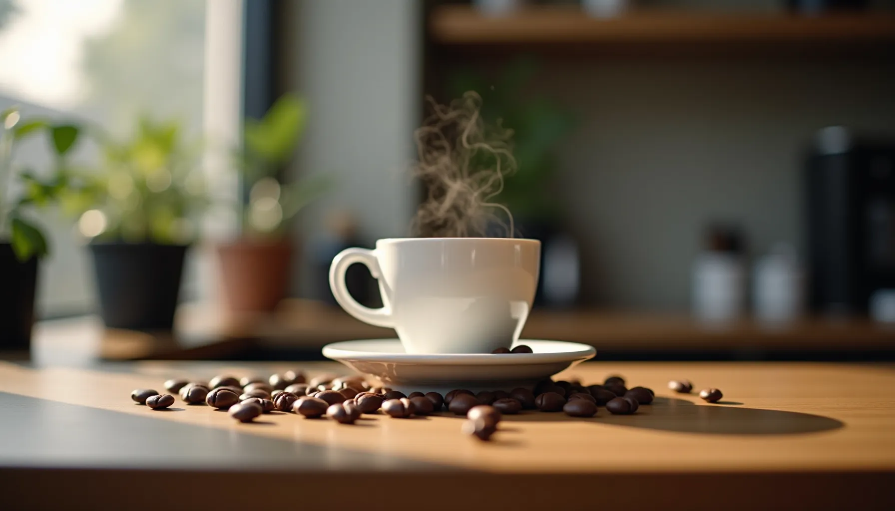 A steaming cup of joshua tree coffee sits atop a wooden table surrounded by coffee beans.