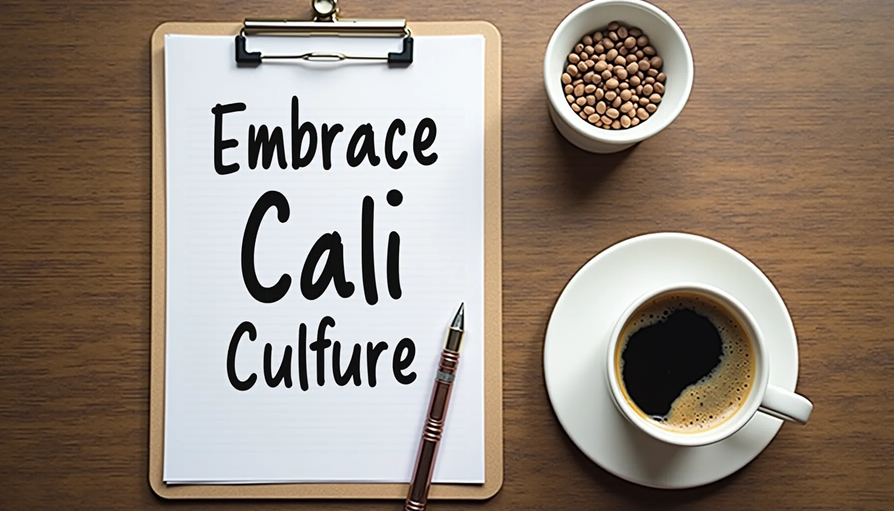 A cup of cali coffee sits beside a notepad that reads 'Embrace Cali Culture.'