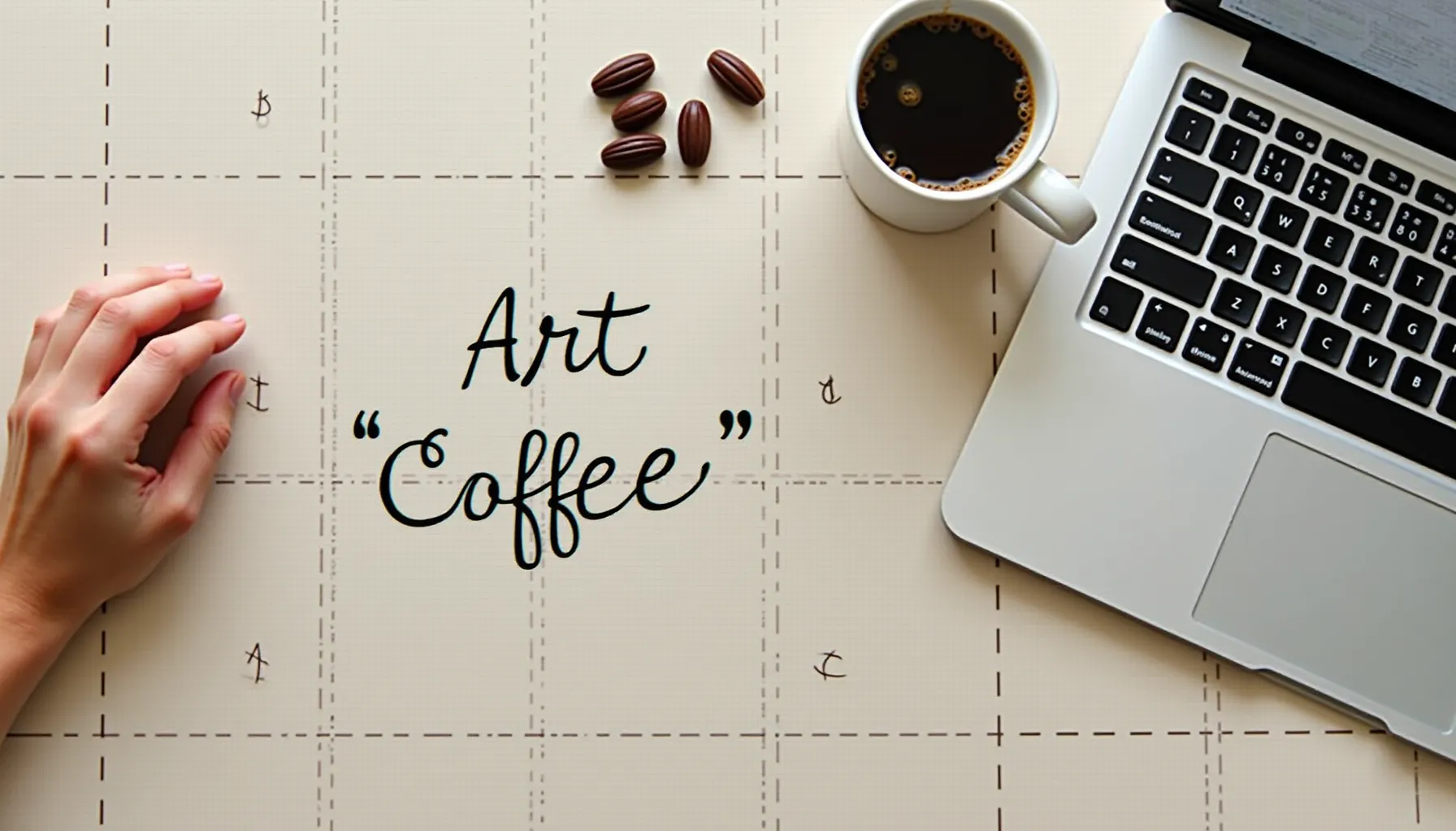 A workspace featuring a cup of chromatic coffee, coffee beans, and a laptop on a patterned background.