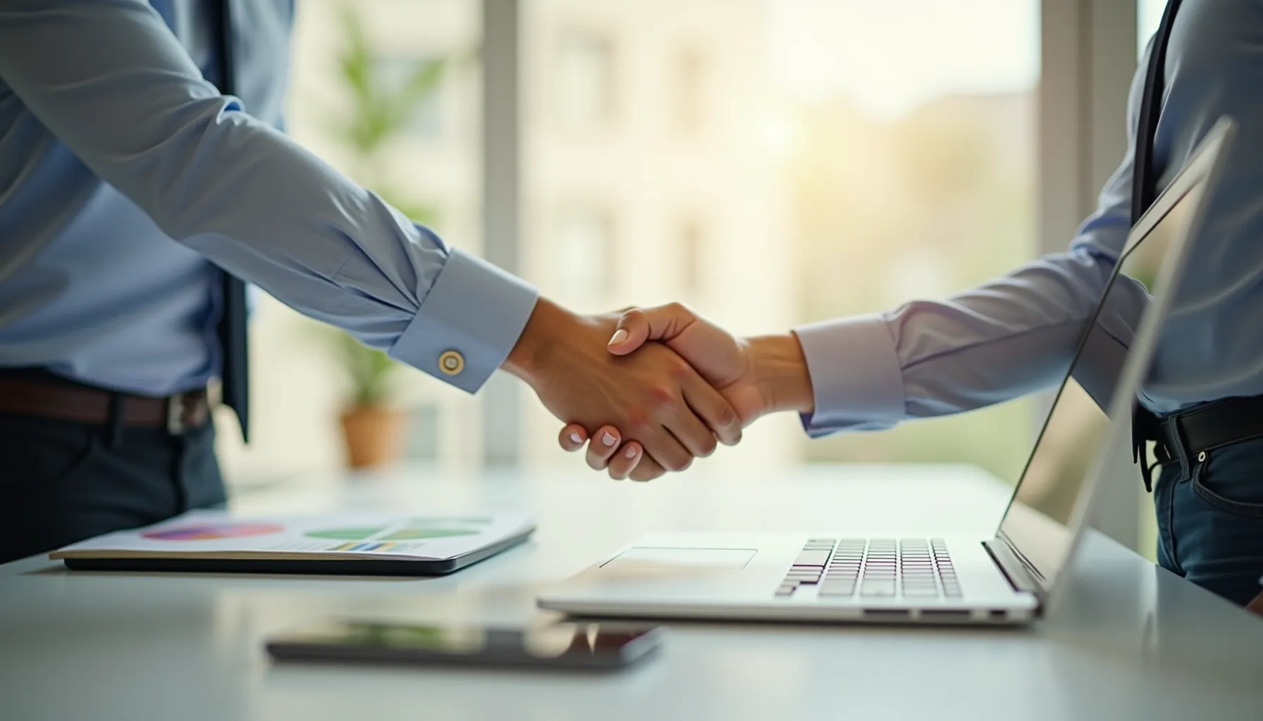 A business handshake over a desk with a laptop, symbolizing a testimonial generator partnership.