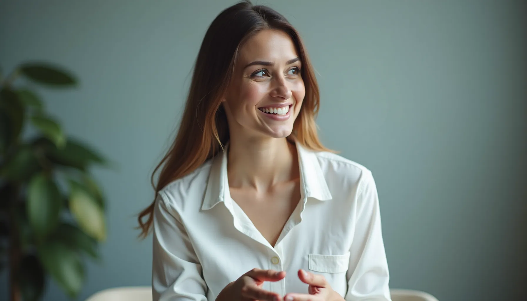 A smiling woman sits in front of a green background, showcasing the GPT new Image model.