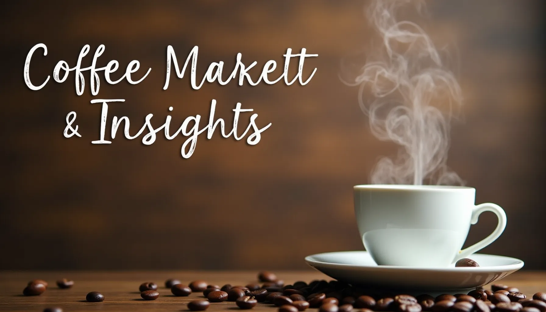 A steaming cup of coffee surrounded by coffee beans, illustrating coffee market research insights.